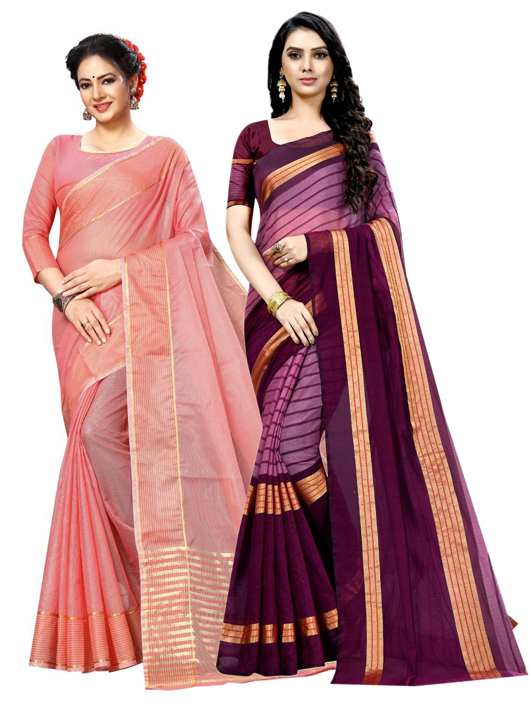 

KALINI Peach-Coloured & Burgundy Striped Zari Ilkal Saree