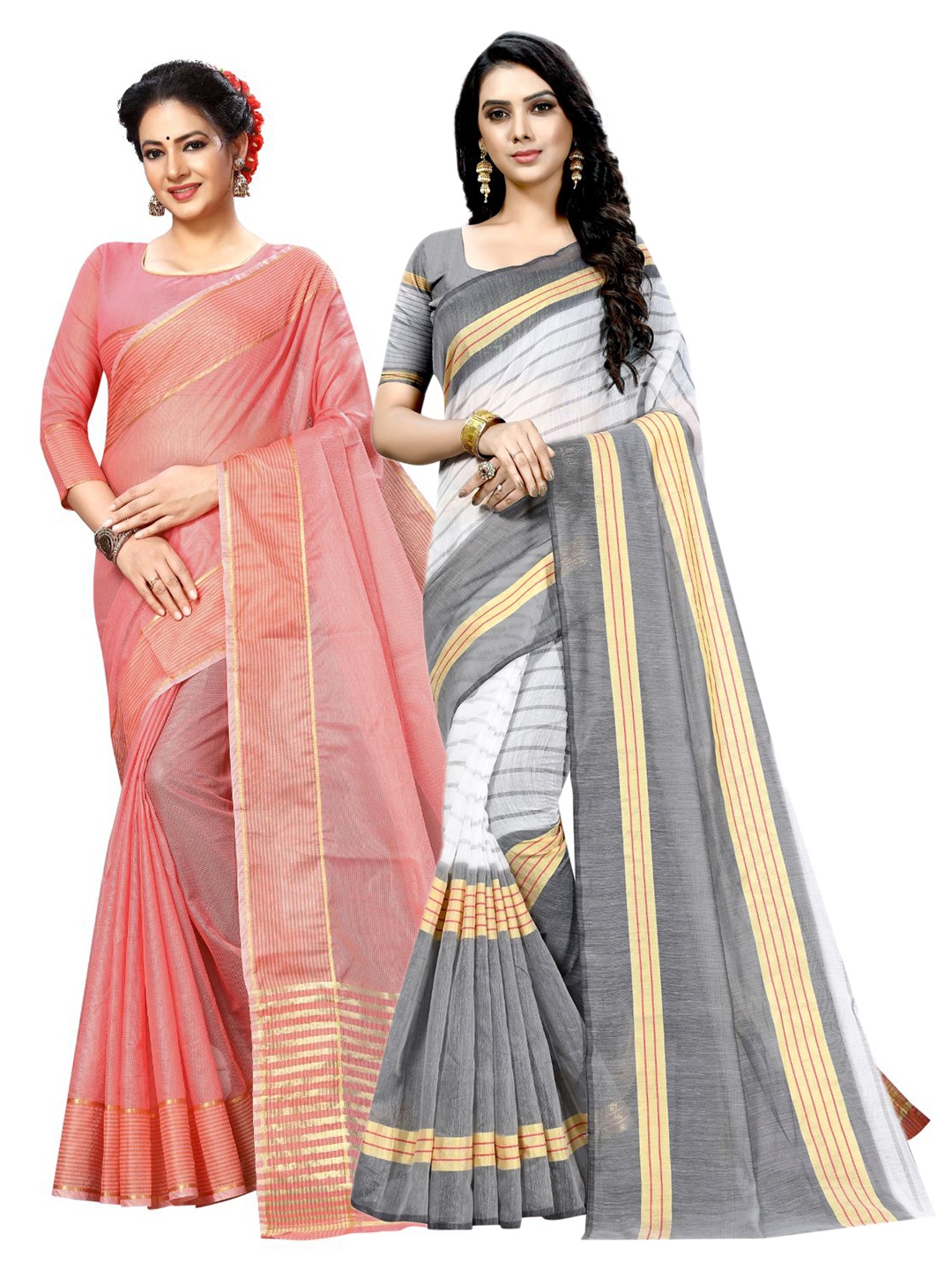 

KALINI Peach-Coloured & White Striped Ilkal Saree