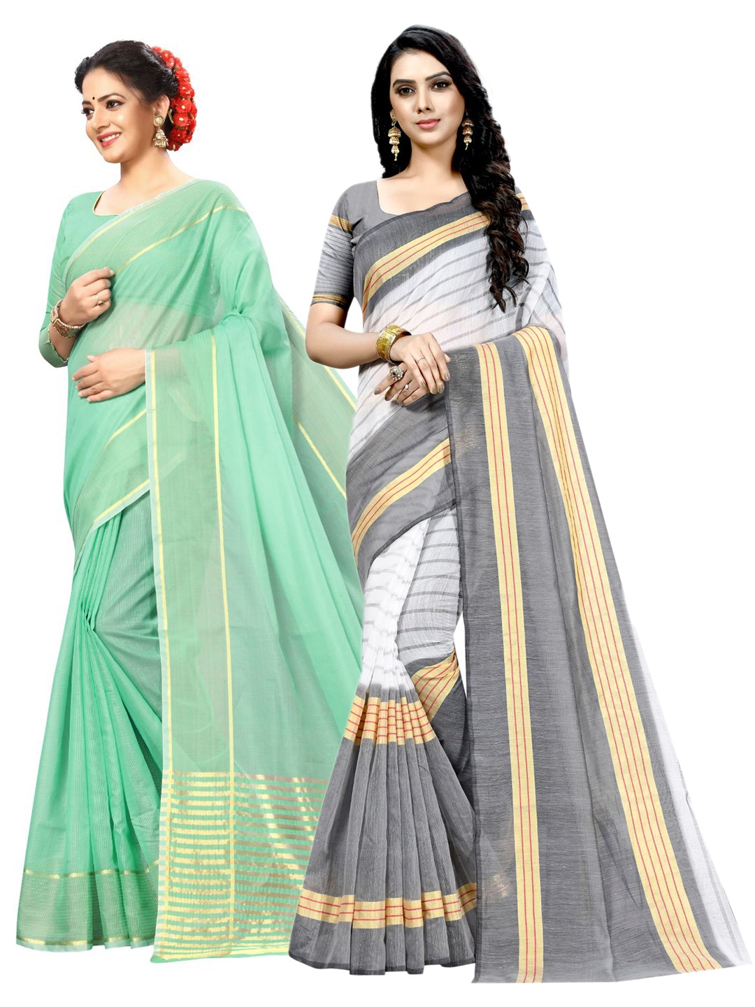 

KALINI Lime Green & Grey Striped Ilkal Saree