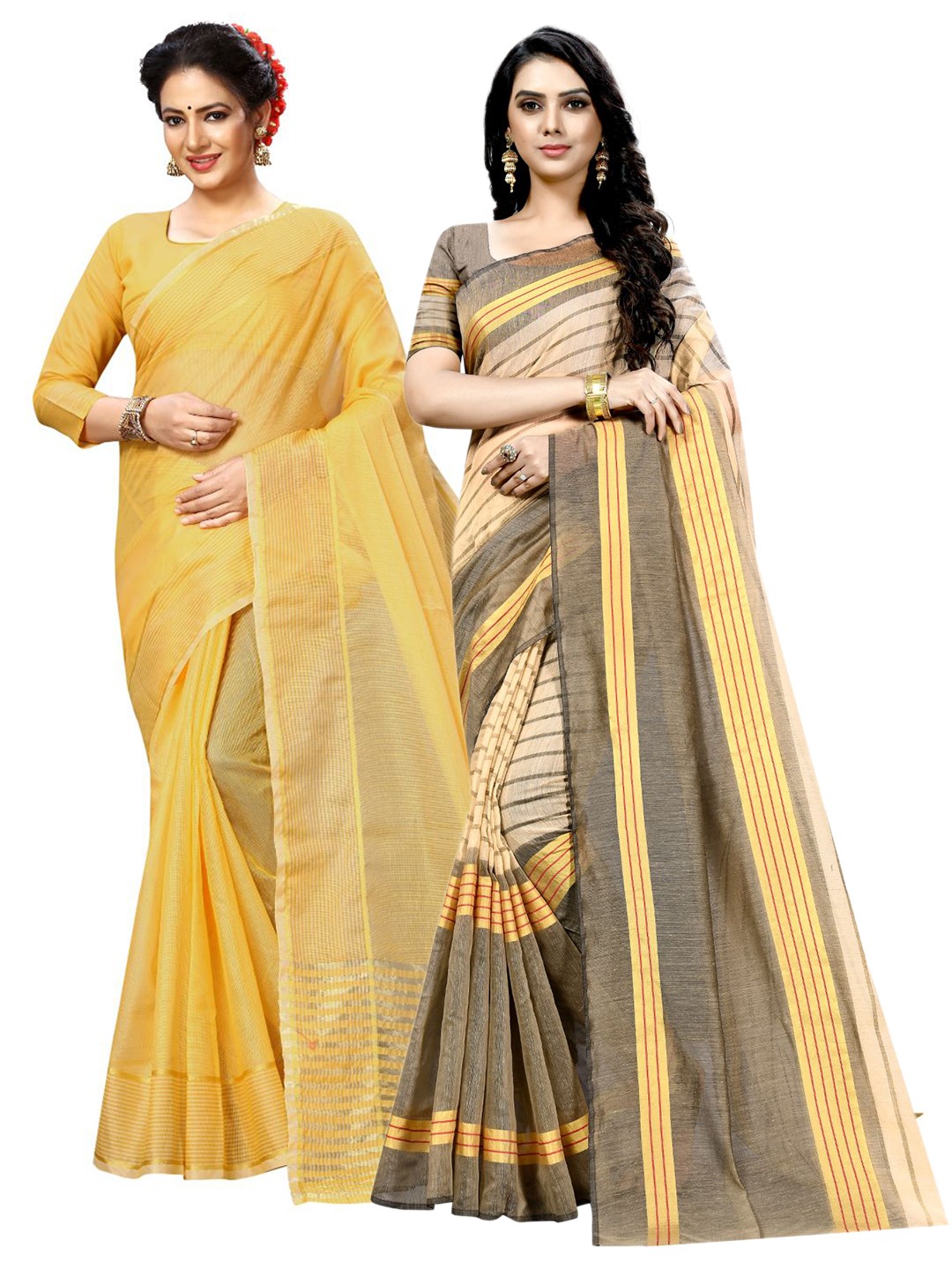 

KALINI Yellow & Brown Striped Ilkal Saree