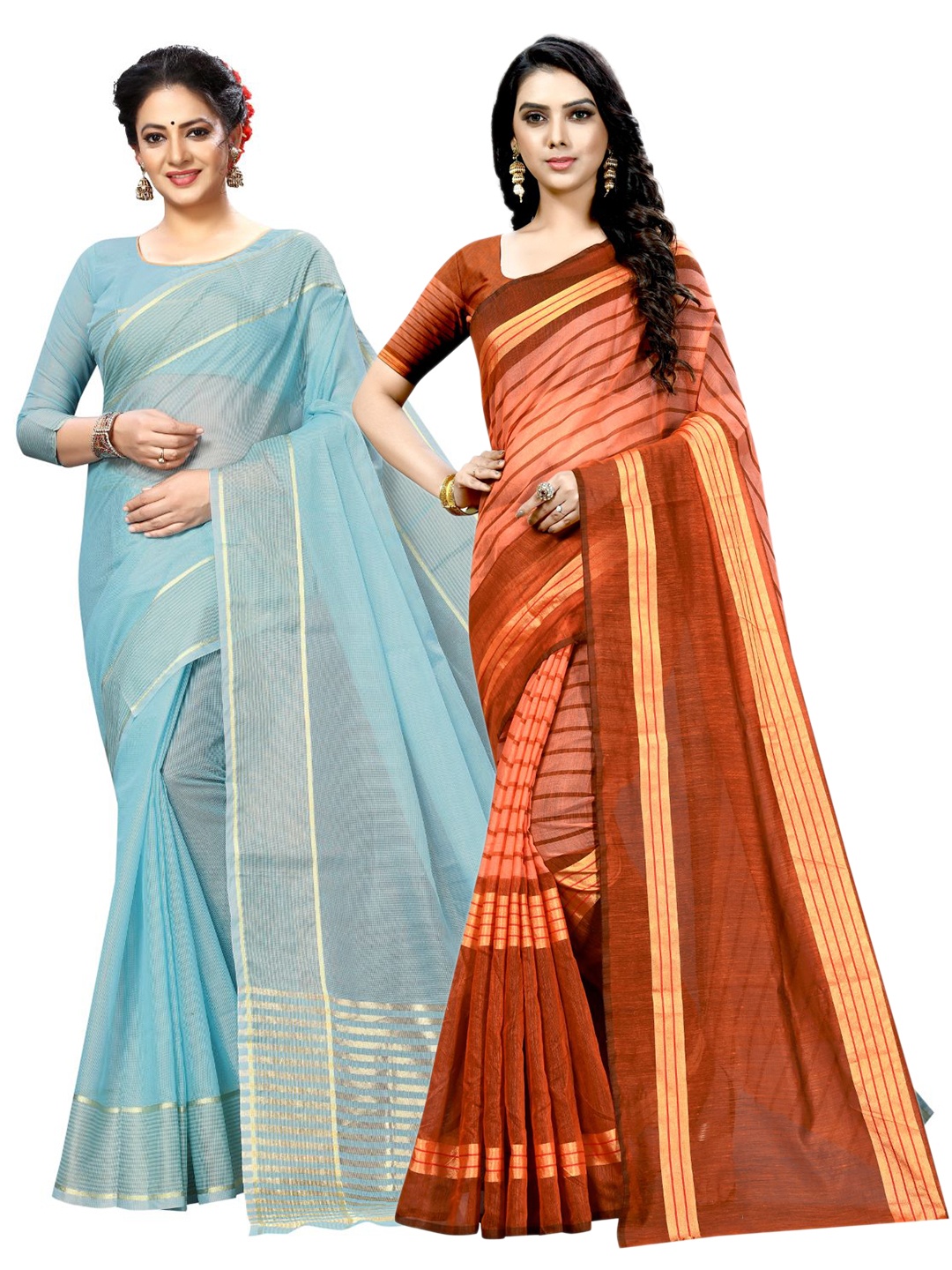 

KALINI Blue & Brown Striped Ilkal Saree