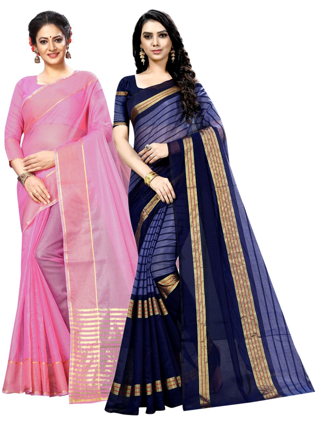 

KALINI Pink & Navy Blue Striped Ilkal Saree