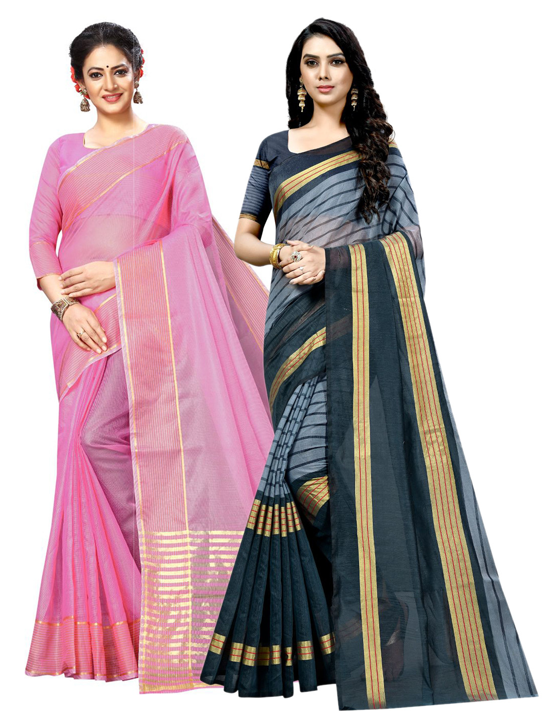 

KALINI Pink & Grey Striped Ilkal Saree
