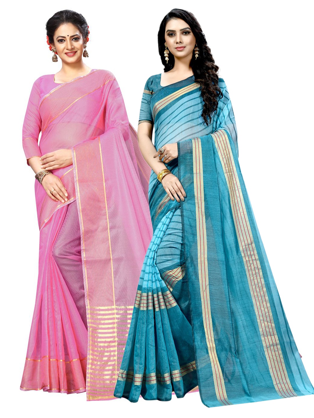 

KALINI Pink & Blue Striped Ilkal Saree