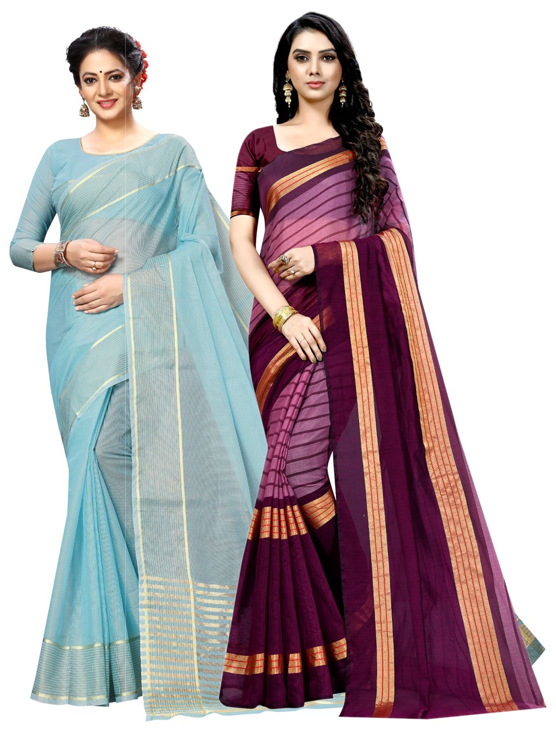 

KALINI Blue & Gold-Toned Striped Ilkal Saree