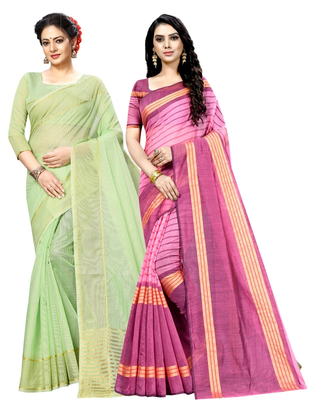

KALINI Green & Pink Striped Ilkal Saree
