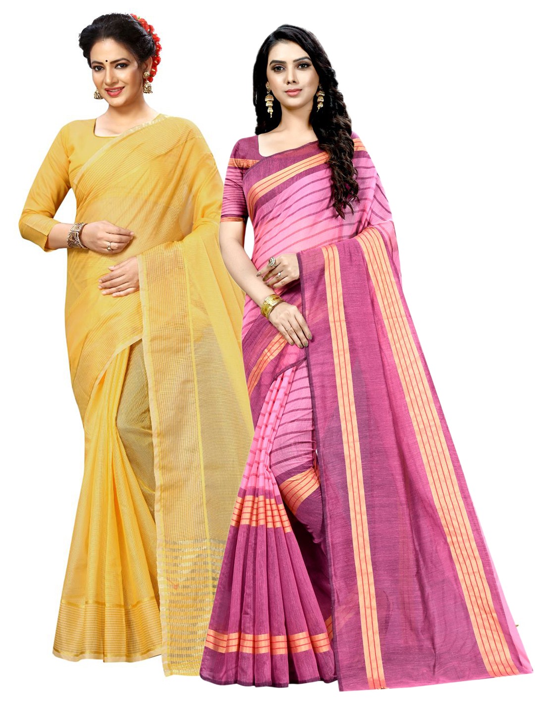 

KALINI Yellow & Pink Striped Zari Ilkal Saree