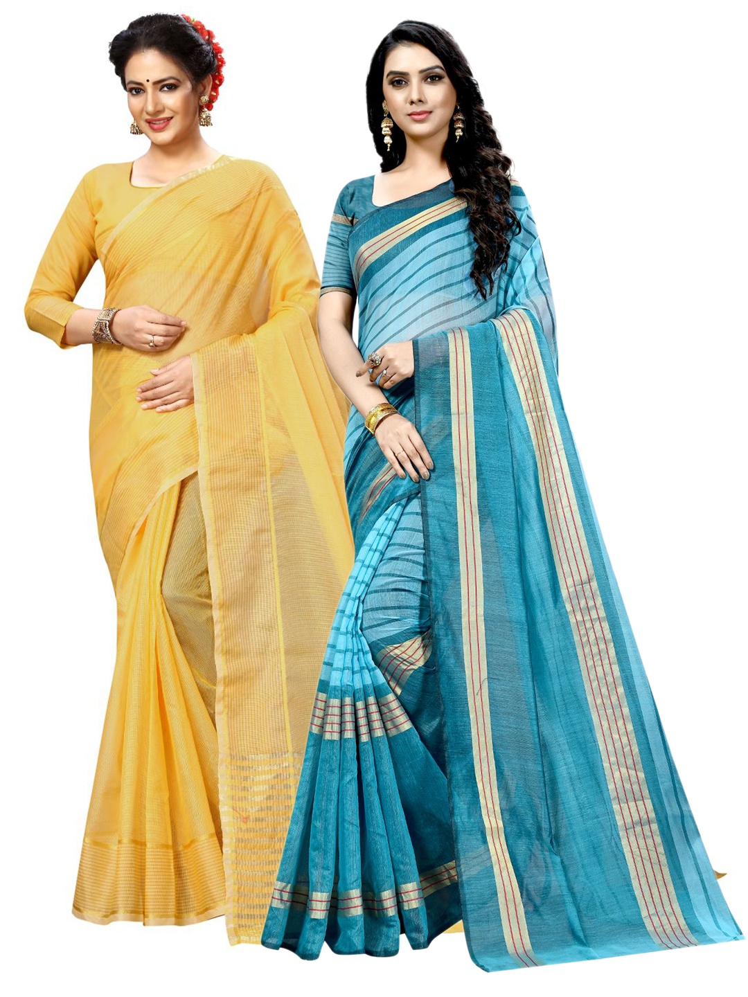 

KALINI Yellow & Blue Striped Ilkal Saree