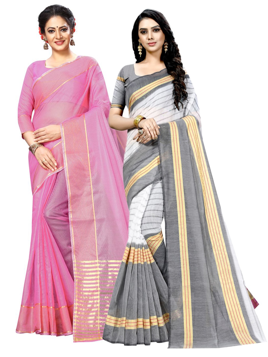 

KALINI Pink & White Striped Zari Ilkal Saree