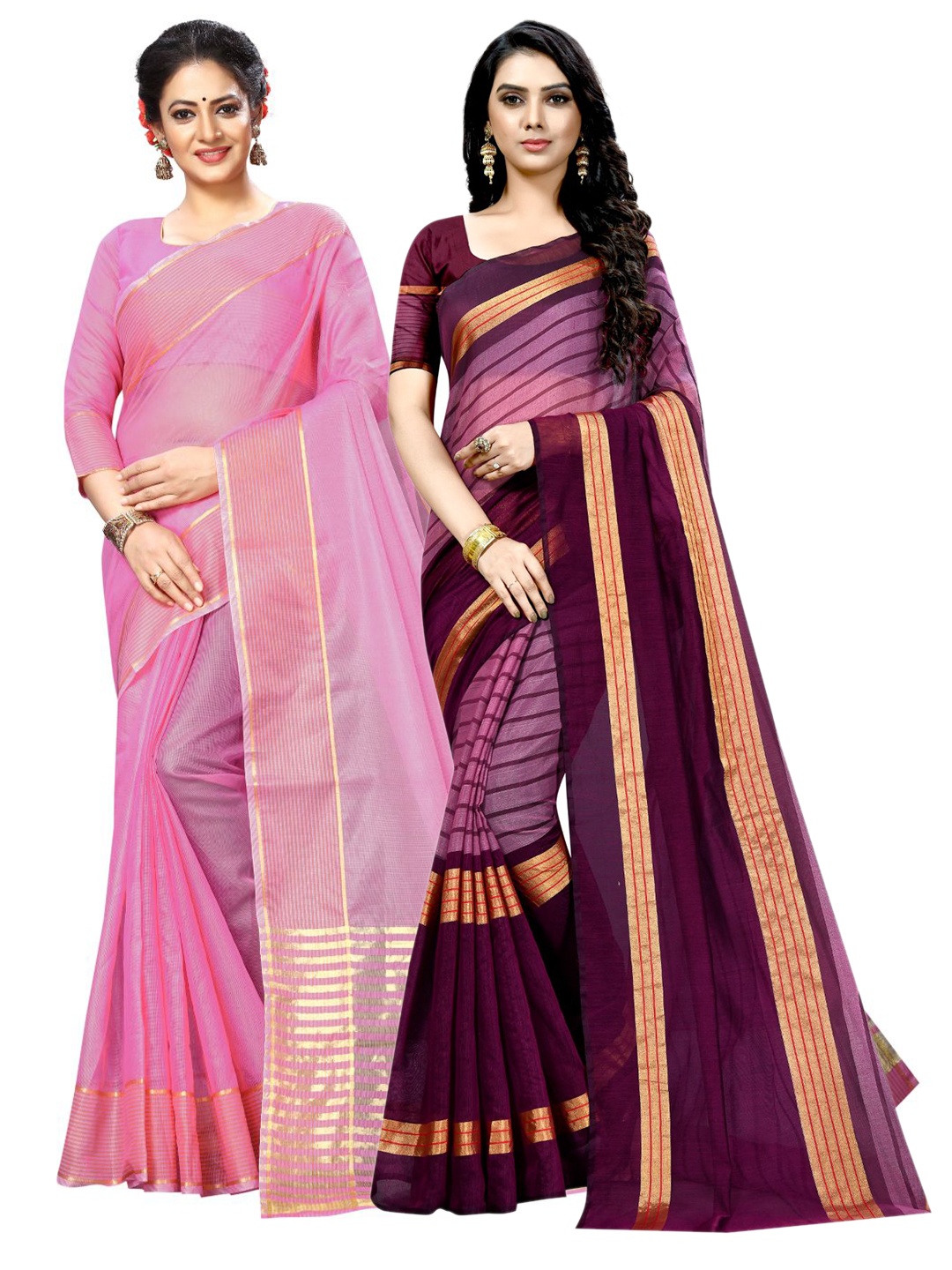 

KALINI Pink & Burgundy Striped Ilkal Saree