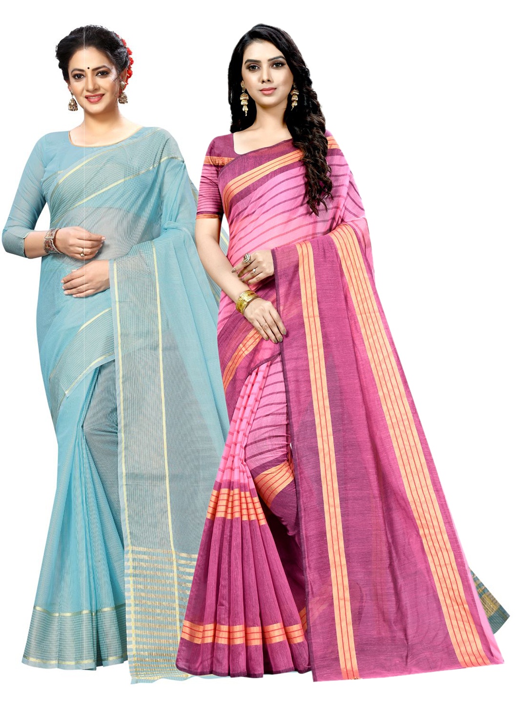 

KALINI Blue & Pink Striped Ilkal Saree