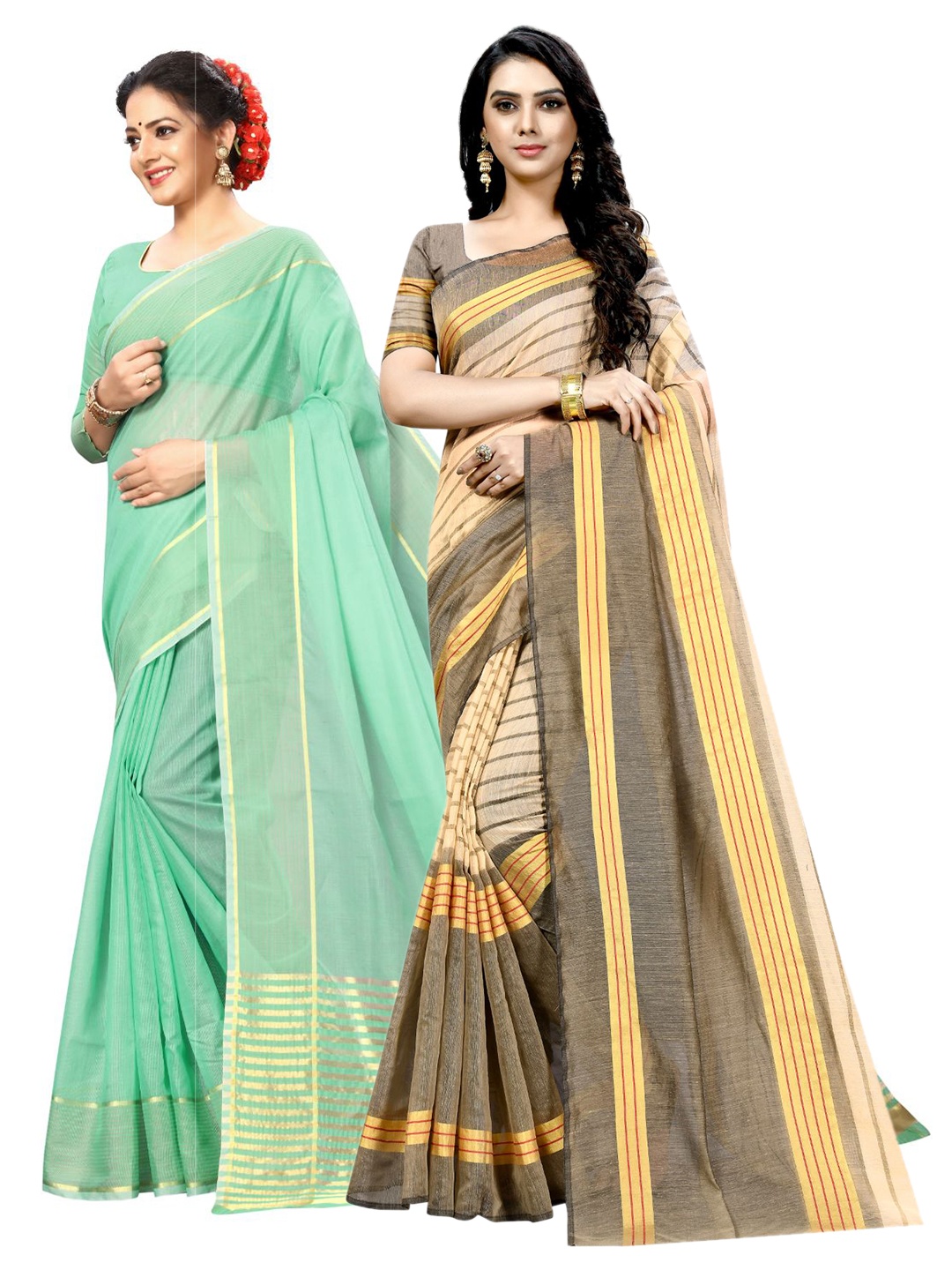 

KALINI Lime Green & Brown Striped Ilkal Saree