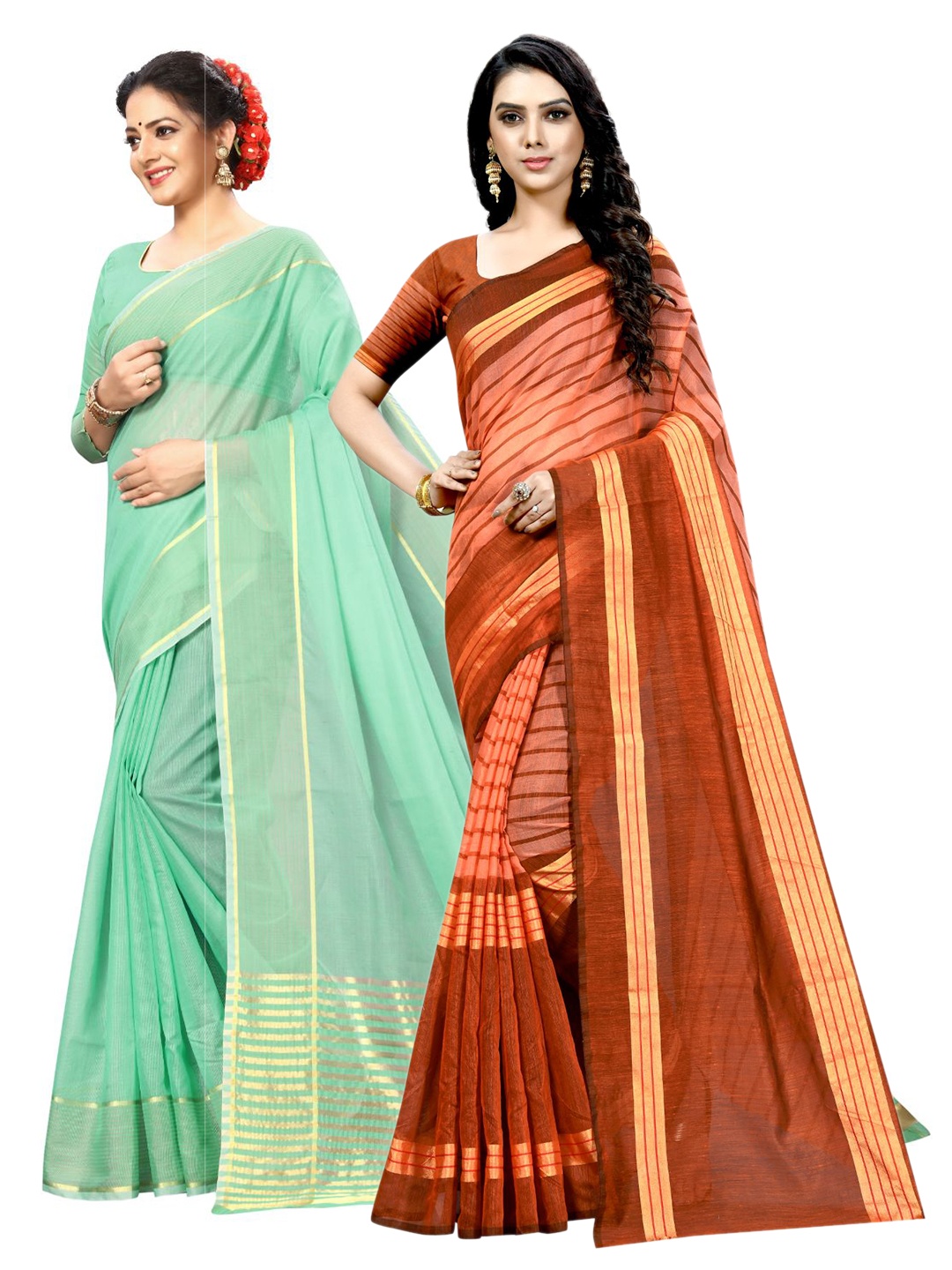 

KALINI Lime Green & Brown Striped Ilkal Saree