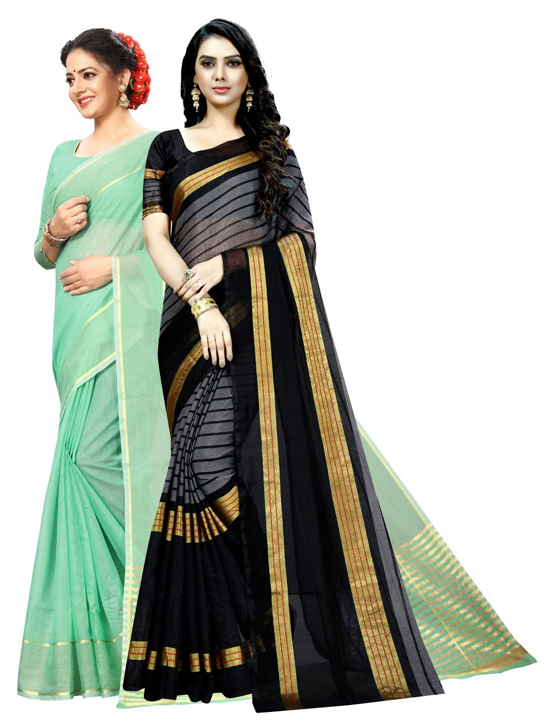 

KALINI Lime Green & Black Striped Ilkal Saree