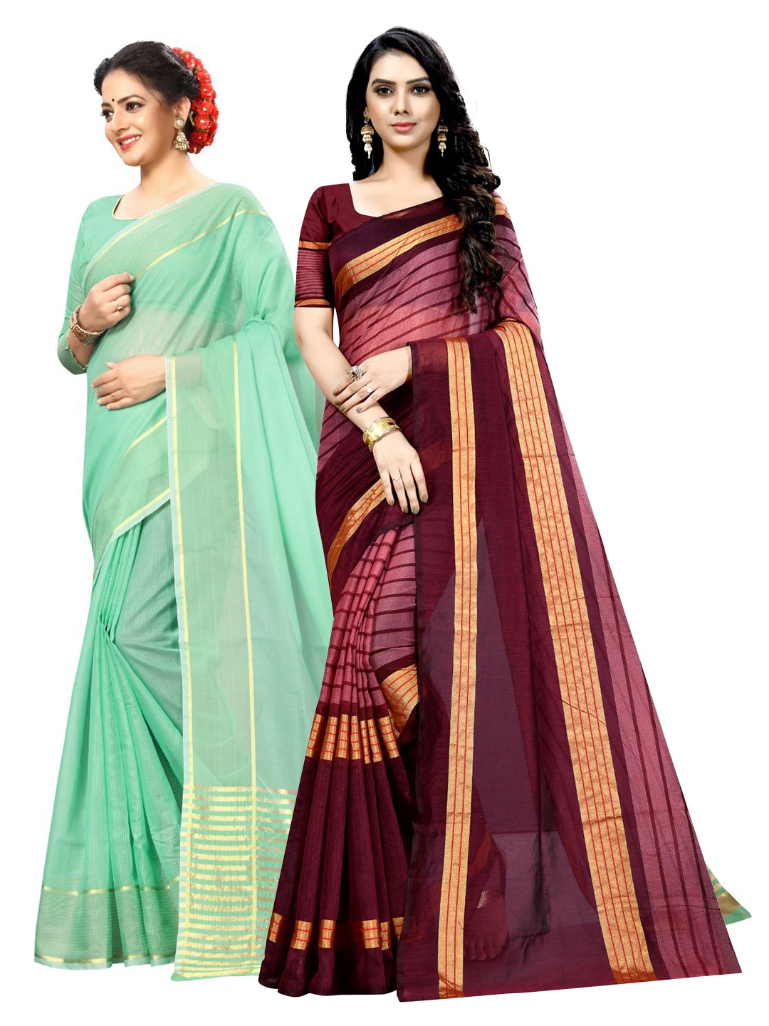 

KALINI Lime Green & Maroon Striped Ilkal Saree