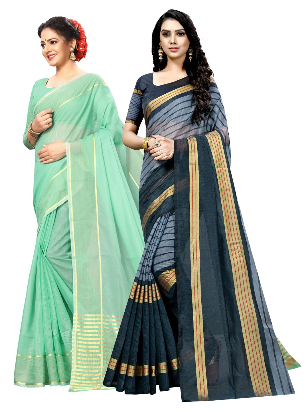 

KALINI Lime Green & Grey Striped Ilkal Saree