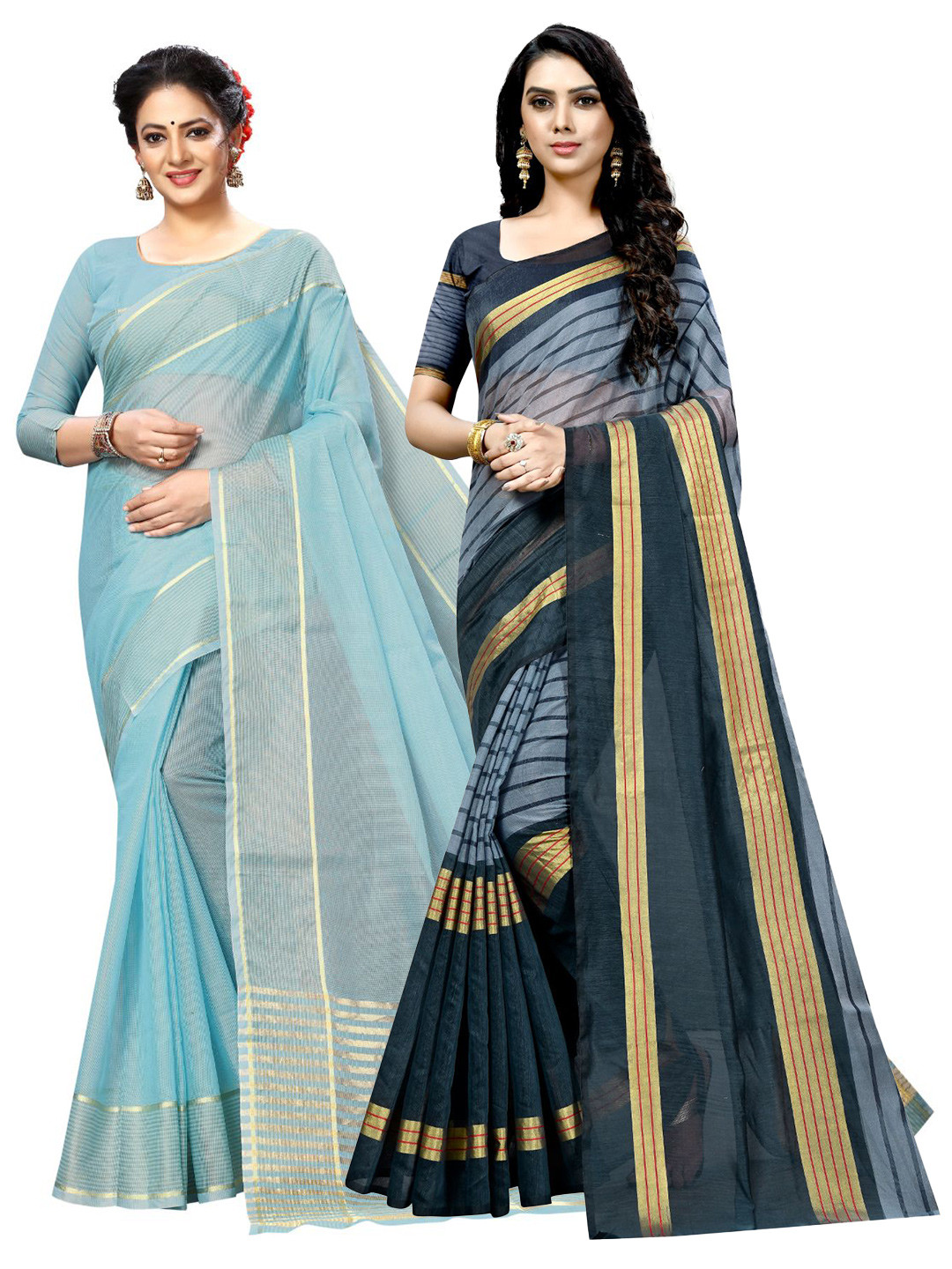 

KALINI Blue & Grey Striped Ilkal Saree