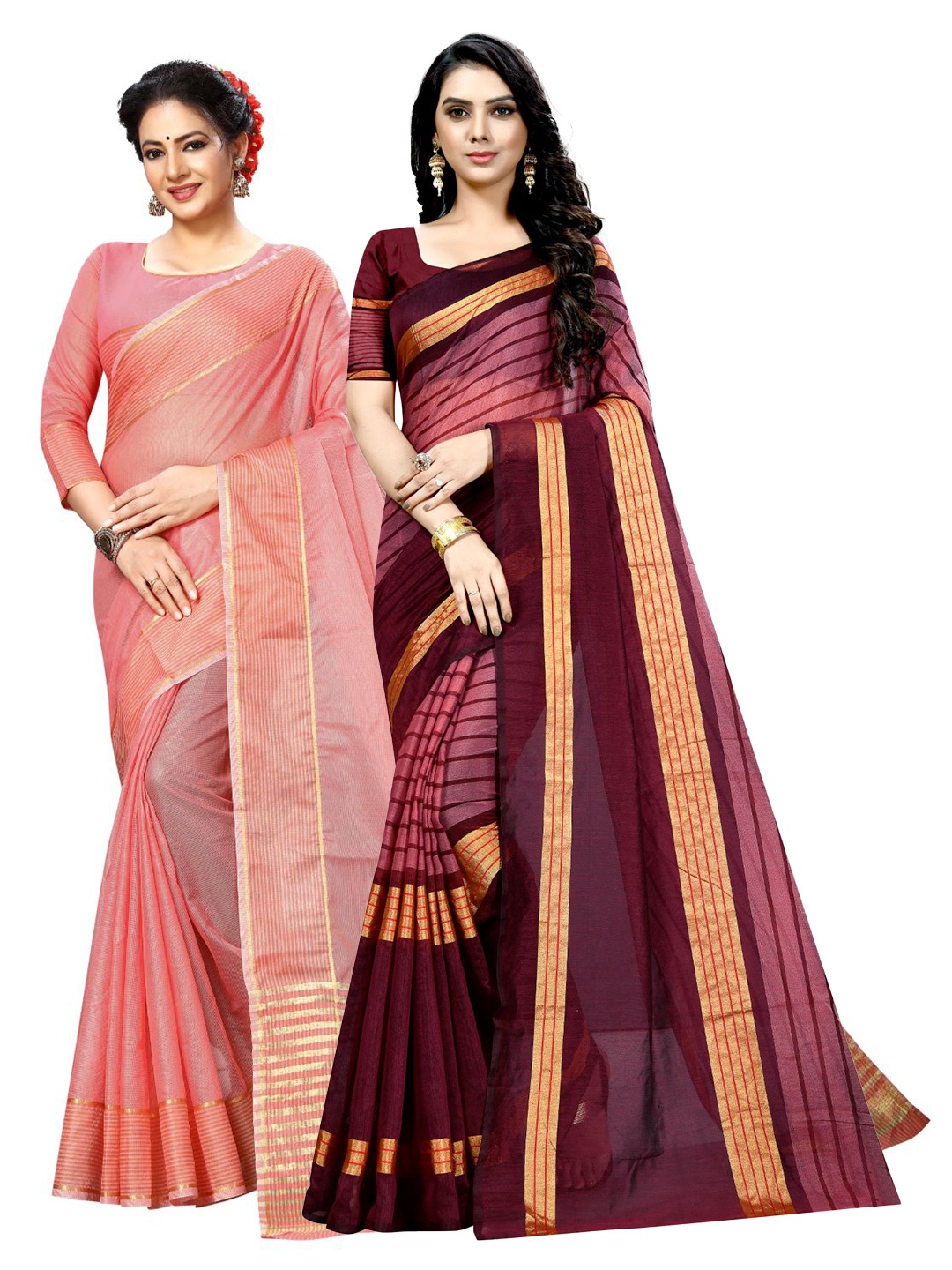 

KALINI Peach-Coloured & Maroon Zari Ilkal Saree