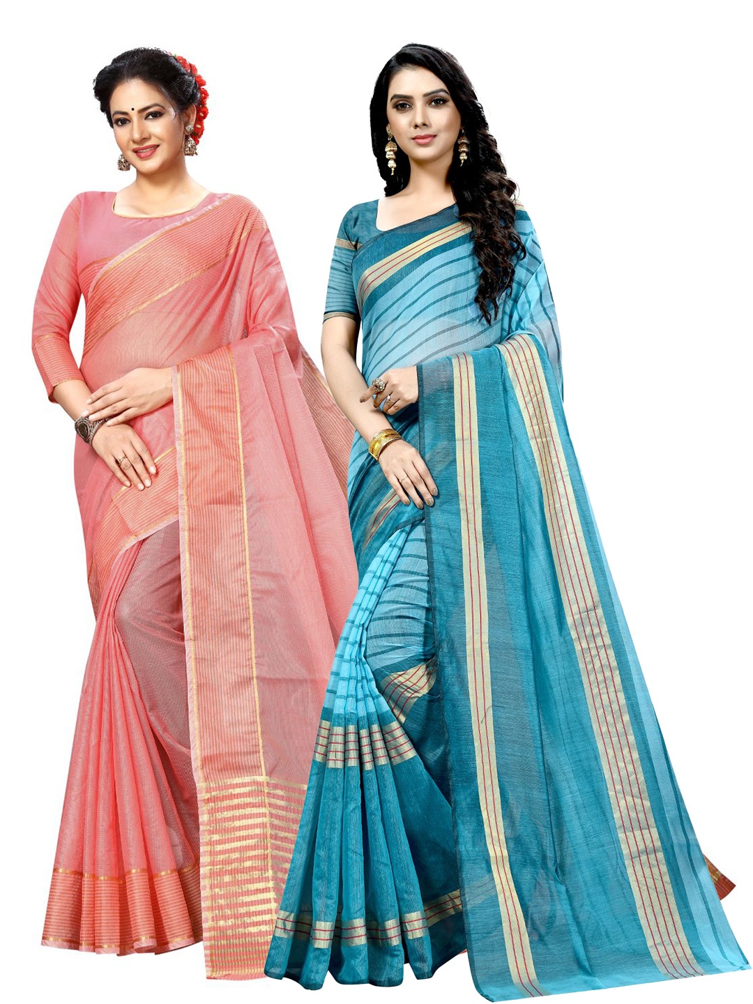 

KALINI Peach-Coloured & Blue Striped Ilkal Saree