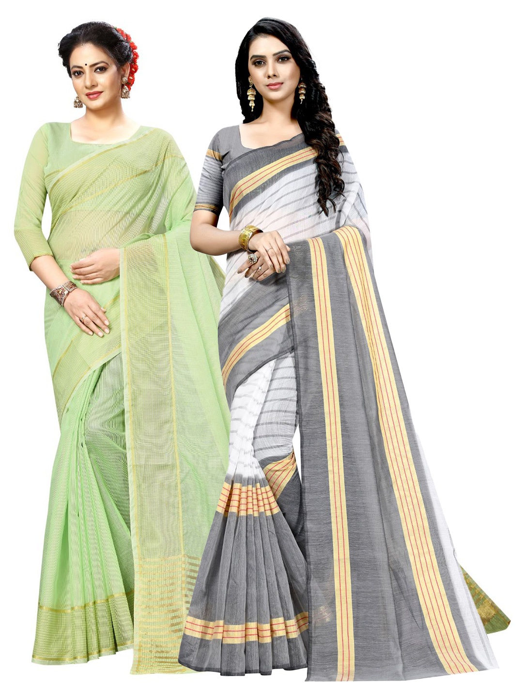 

KALINI Green & White Striped Ilkal Saree