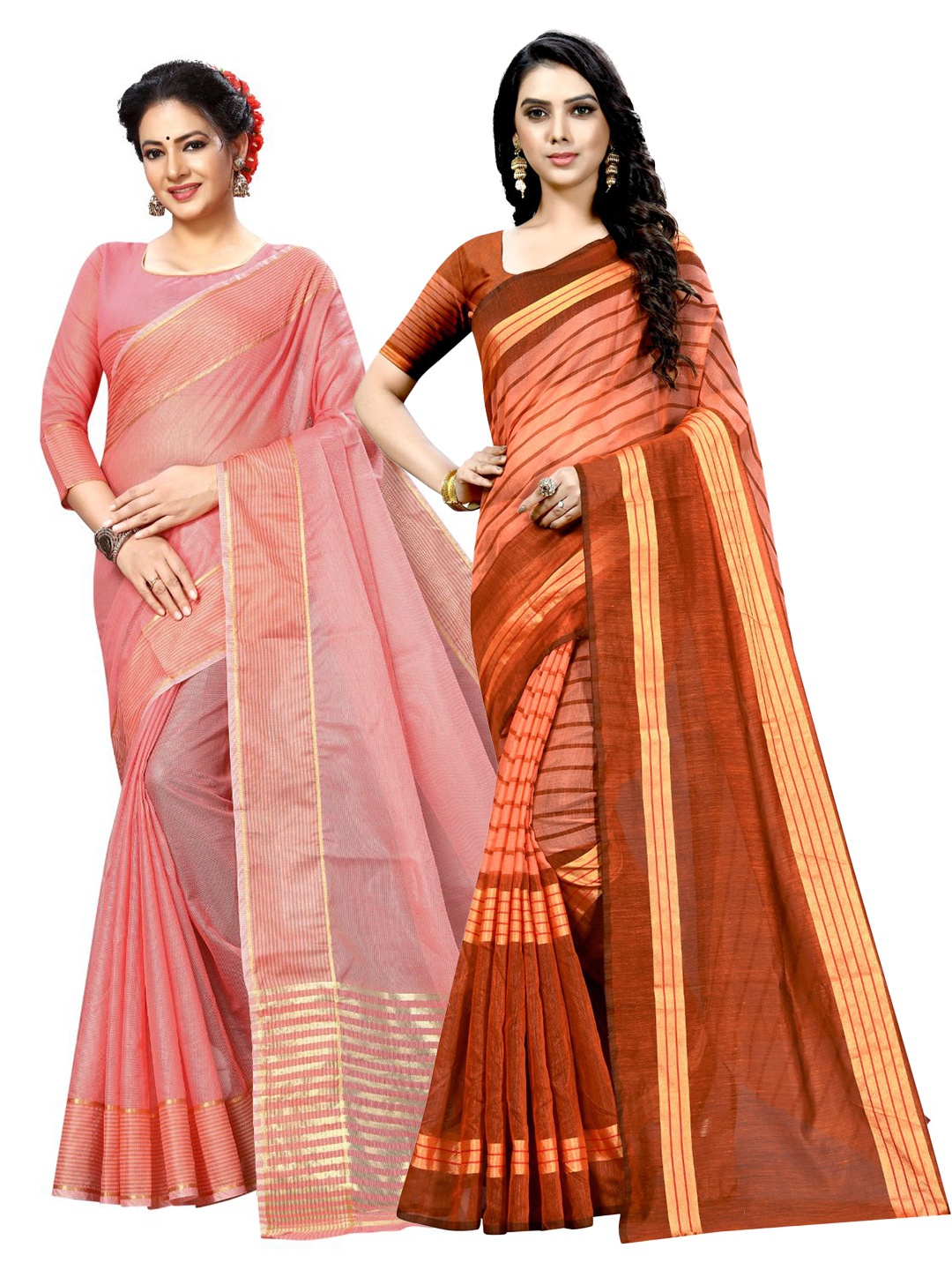 

KALINI Peach-Coloured & Gold-Toned Striped Ilkal Saree