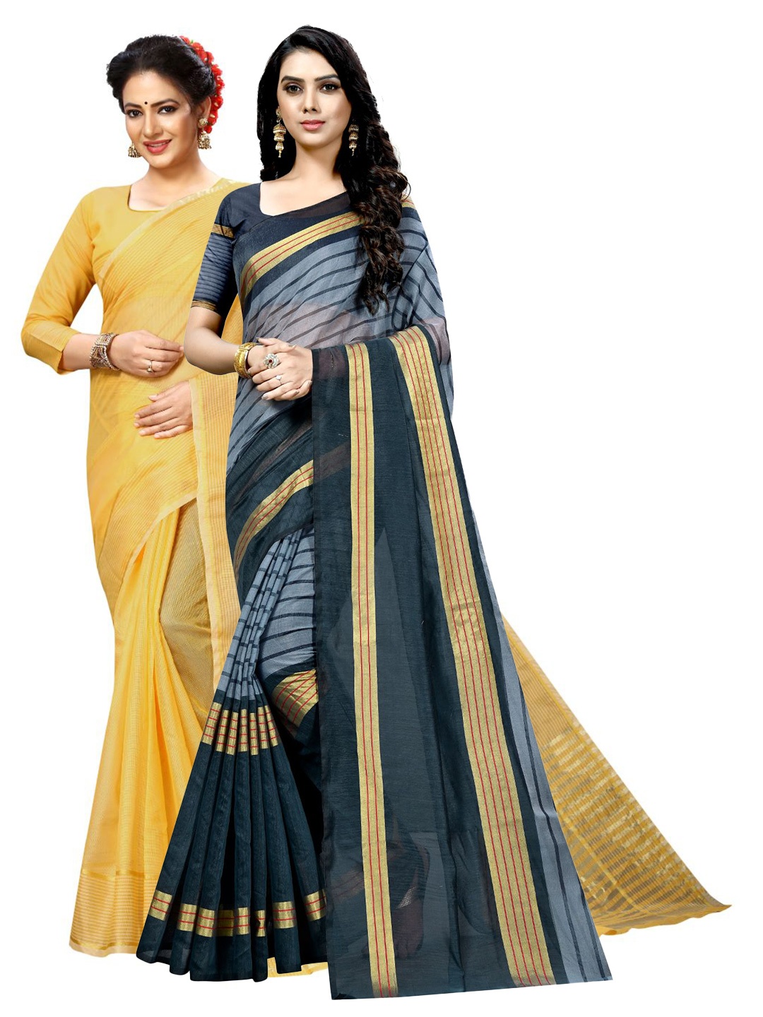 

KALINI Yellow & Grey Striped Zari Ilkal Saree