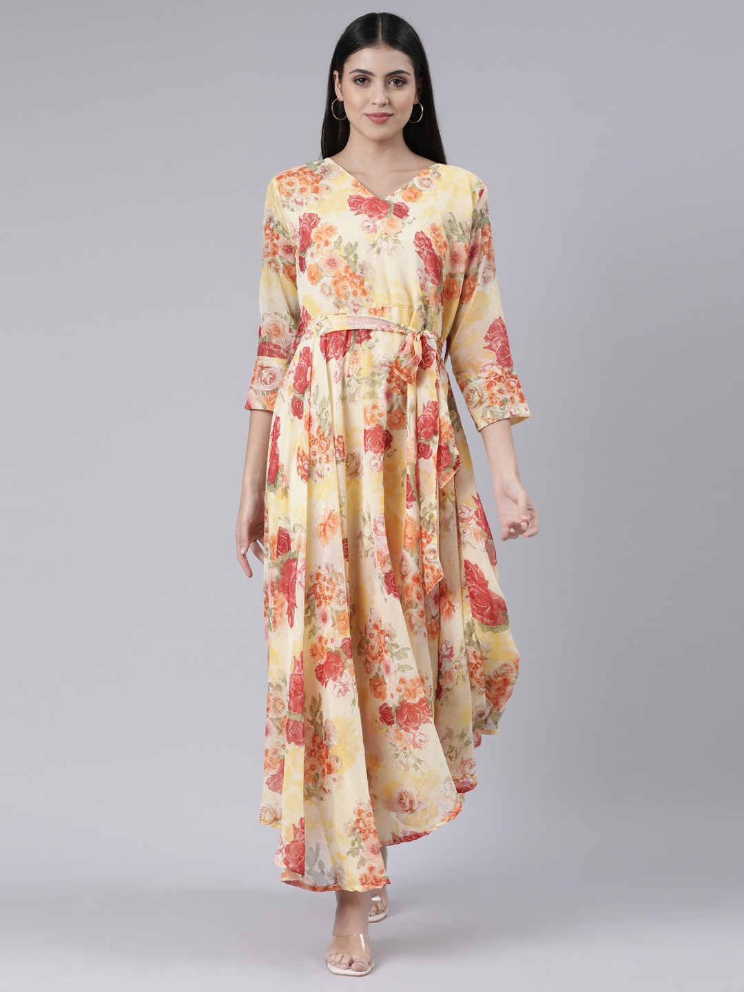 

Souchii Yellow Floral Layered Chiffon Maxi Maxi Dress