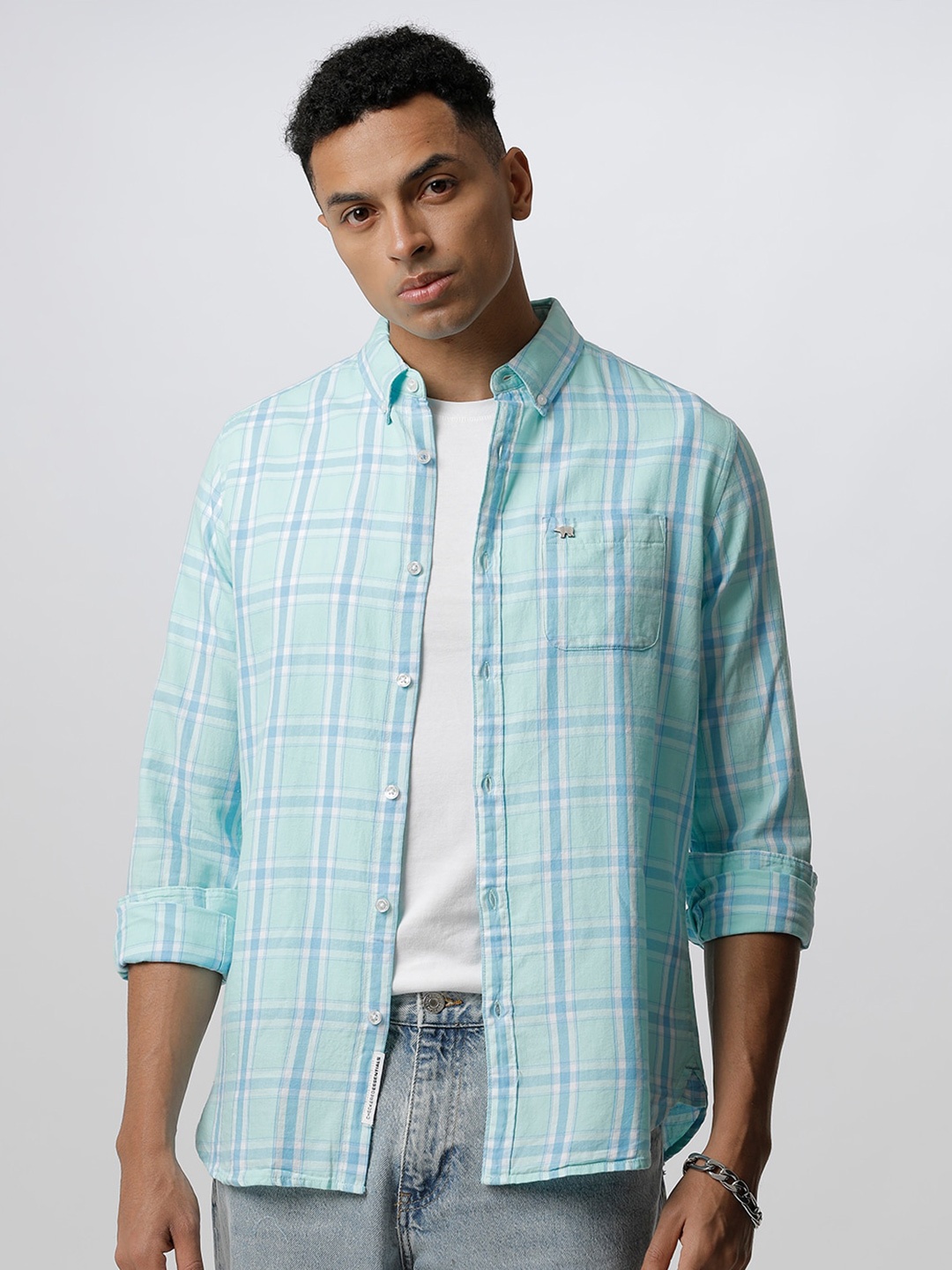

THE BEAR HOUSE Men Sea Green Slim Fit Windowpane Checks Checked Casual Shirt