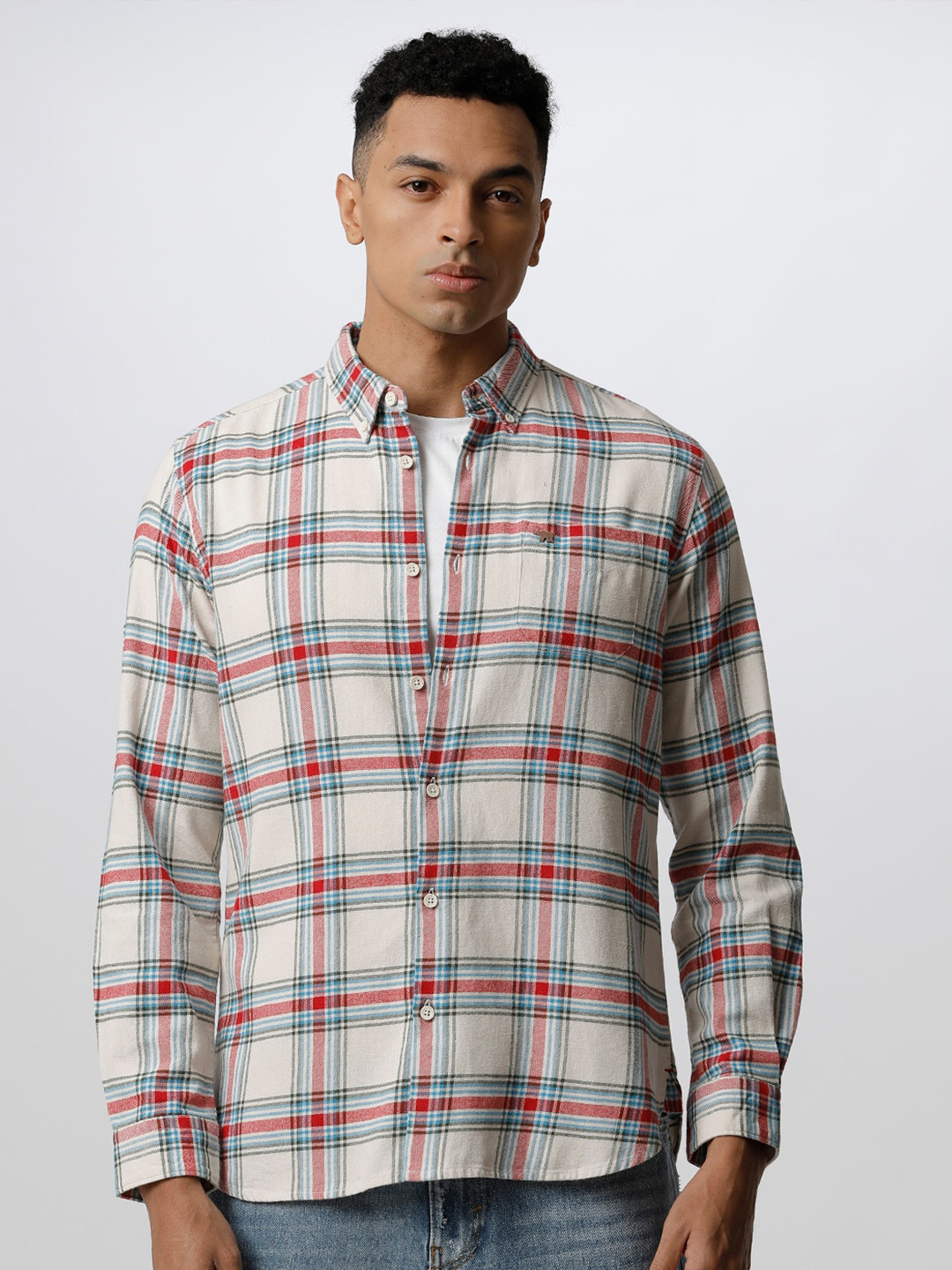 

THE BEAR HOUSE Men Cream-Coloured Slim Fit Tartan Checks Checked Casual Shirt