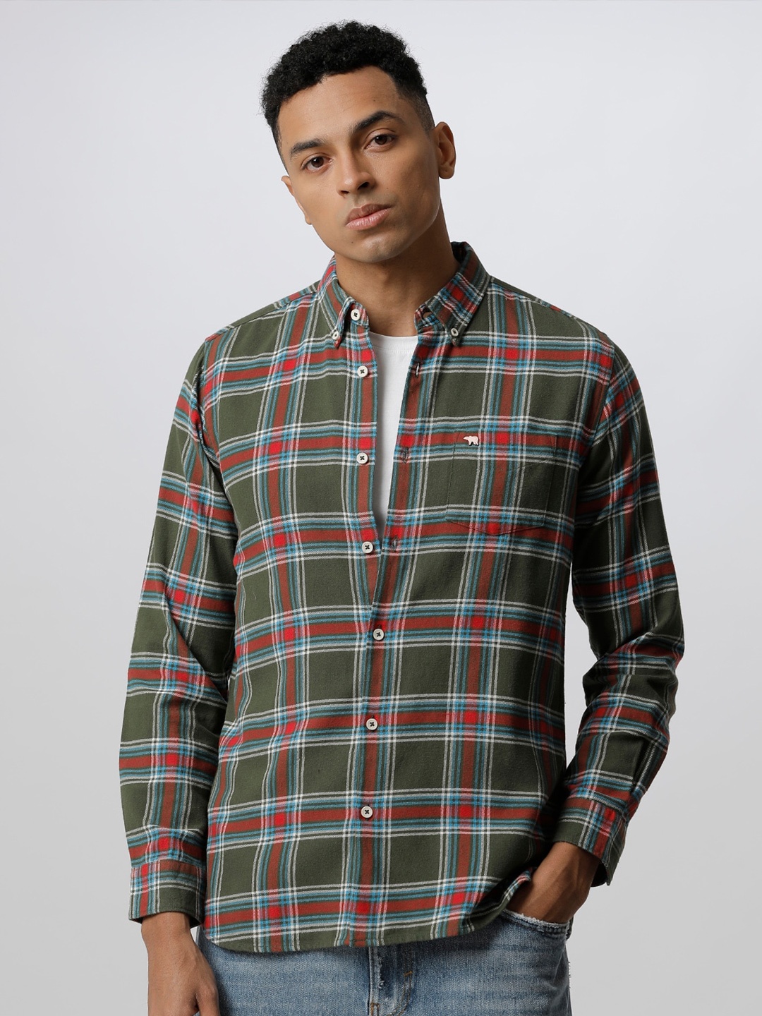 

THE BEAR HOUSE Men Green Slim Fit Tartan Checks Checked Casual Shirt