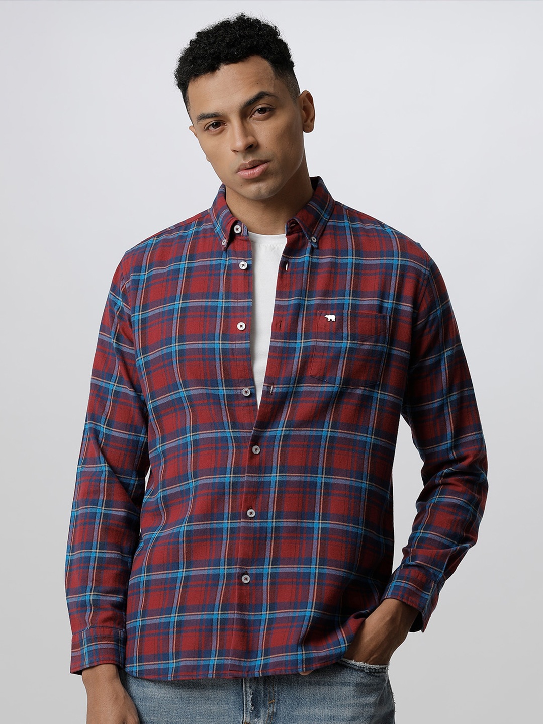 

THE BEAR HOUSE Men Red Slim Fit Tartan Checks Checked Casual Shirt