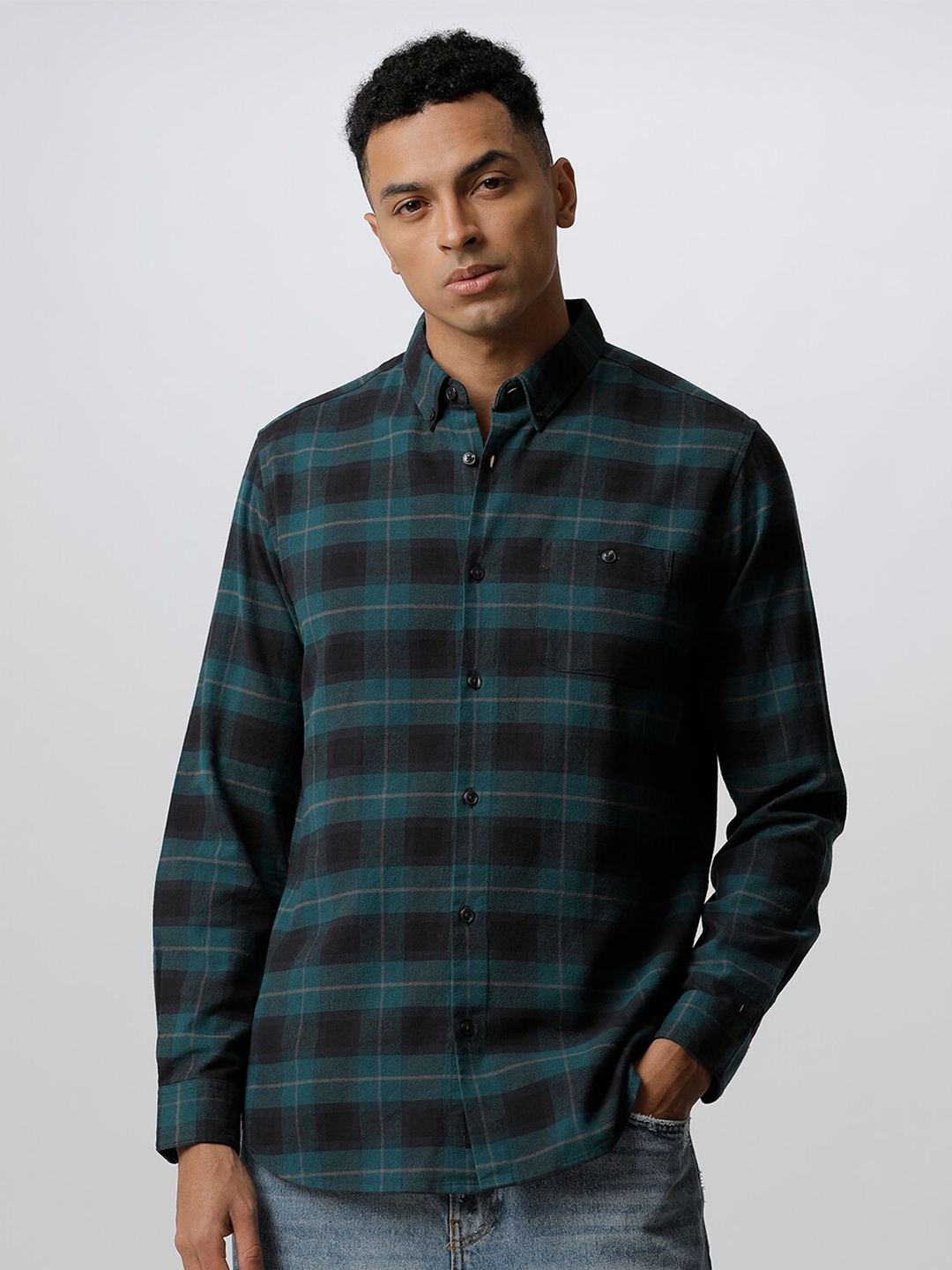 

THE BEAR HOUSE Men Green Slim Fit Tartan Checks Checked Casual Shirt