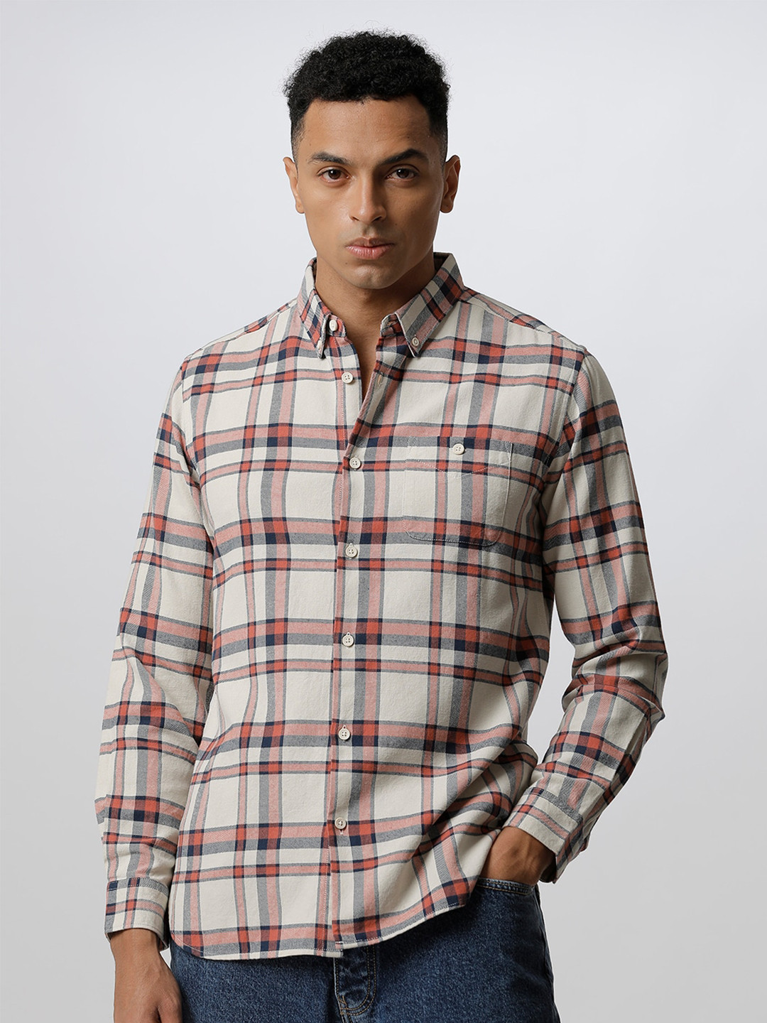 

THE BEAR HOUSE Men Beige Slim Fit Tartan Checks Checked Casual Shirt