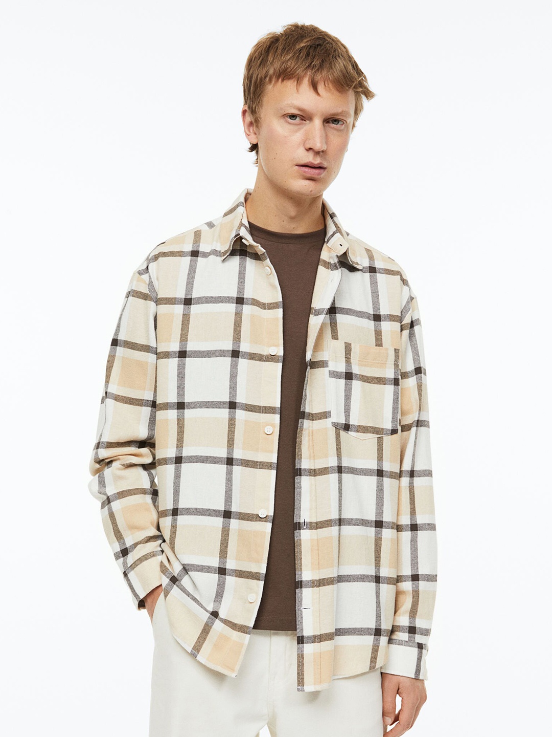 

H&M Men Relaxed Fit Windowpane Checks Opaque Pure Cotton Flannel Casual Shirt, Beige