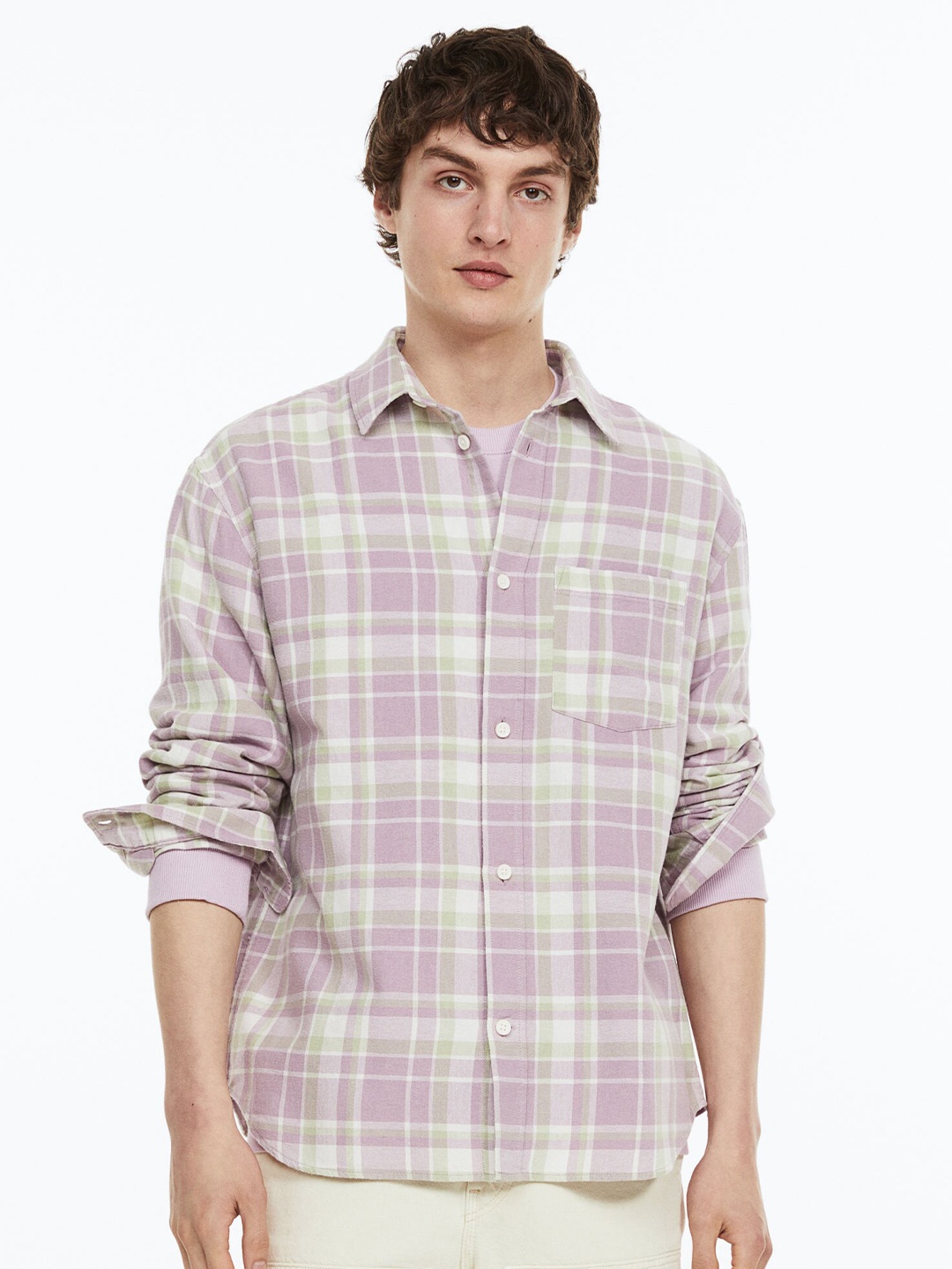 

H&M Men Pure Cotton Relaxed Fit Flannel Shirt, White