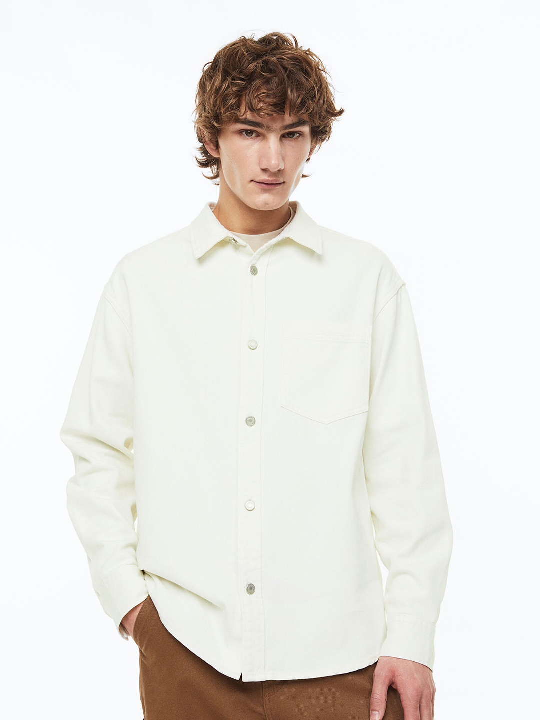 

H&M Men Solid Opaque Oversized Opaque Pure Cotton Casual Denim Shirt, White