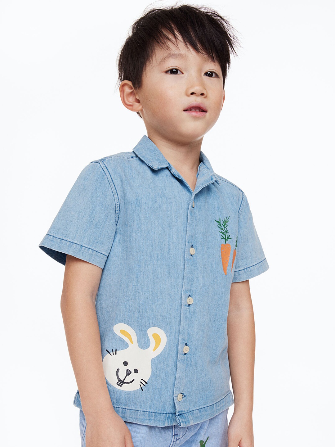 

H&M Boys Pure Cotton Printed Denim Resort Shirt, Blue
