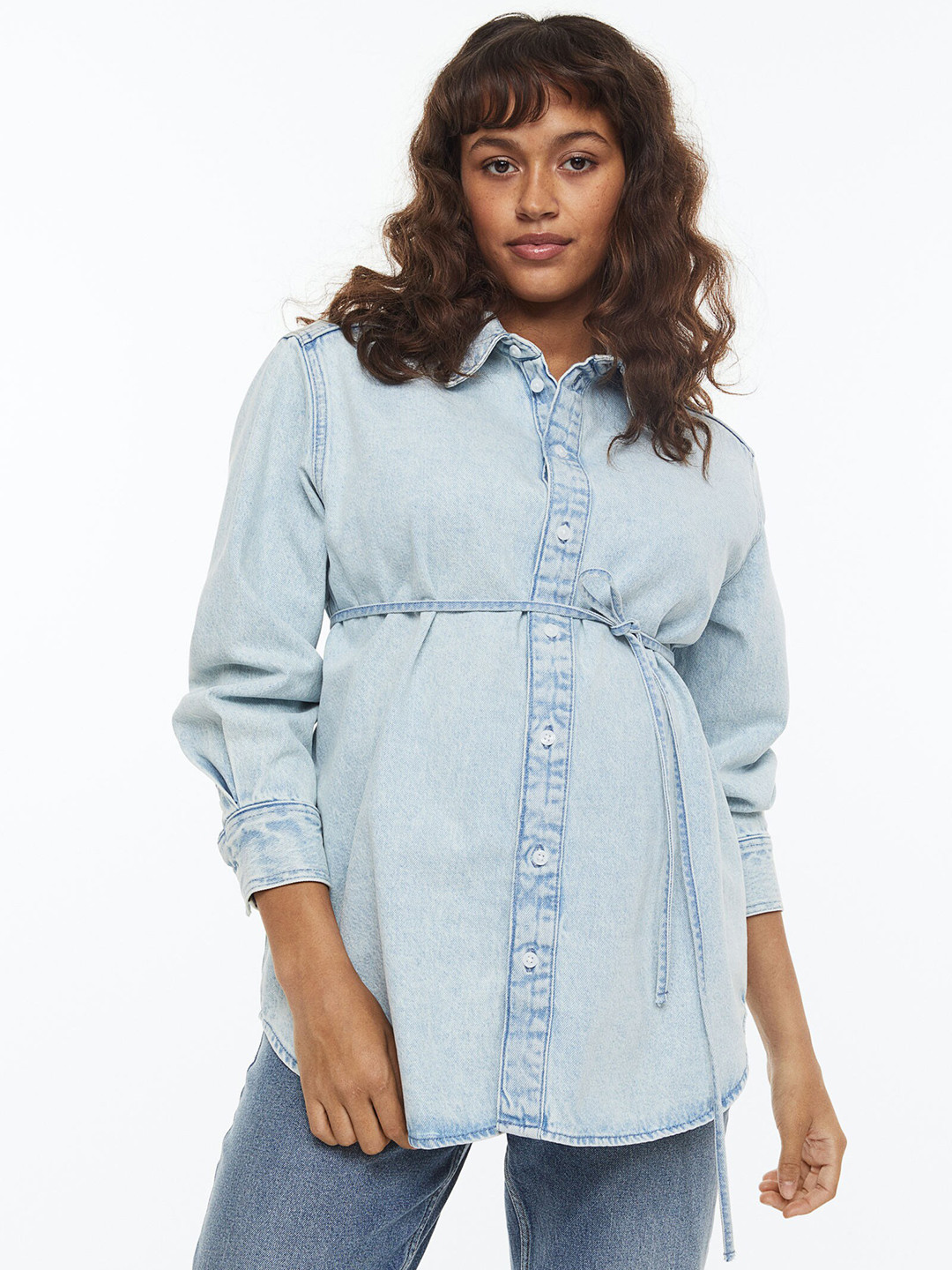 

H&M Women MAMA Tie-Belt Denim Shirt, Blue