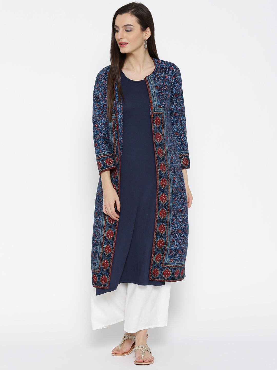 

Biba Women Blue Layered Printed Straight Kurta