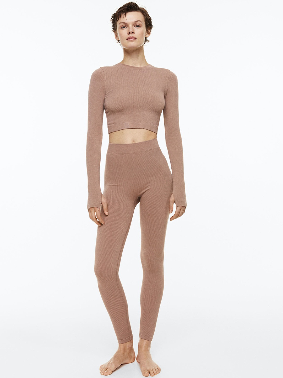 

H&M Women Seamless Ribbed Leggings, Beige