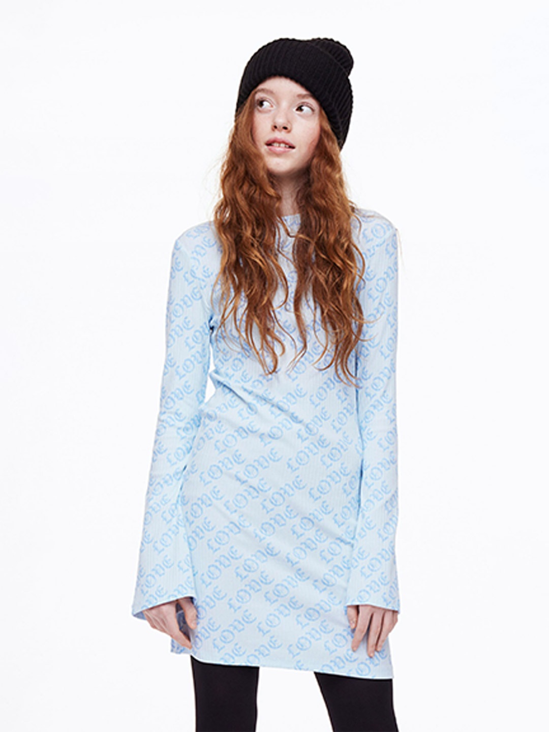 

H&M Typography Print Flared Sleeves Sheath Dress, Blue
