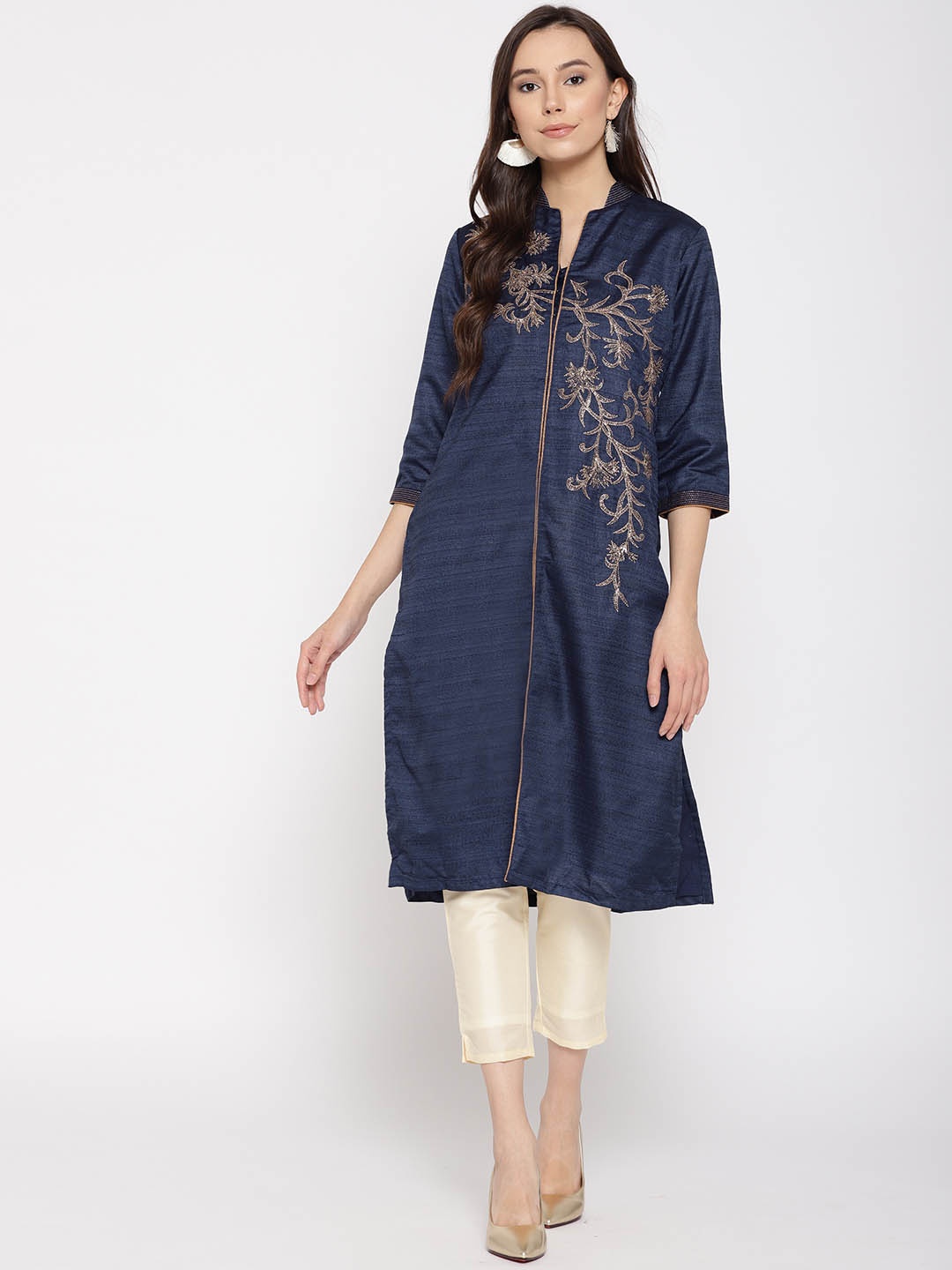 

Biba Women Navy Blue Embroidered Straight Kurta