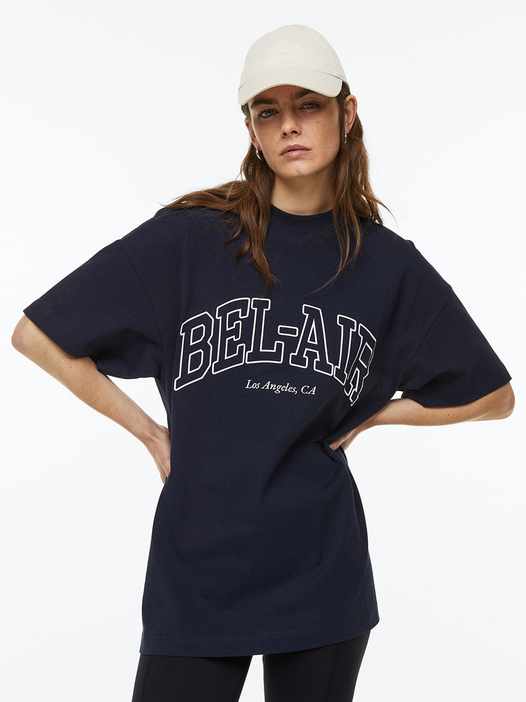

H&M Women Pure Cotton Oversized T-shirt, Navy blue