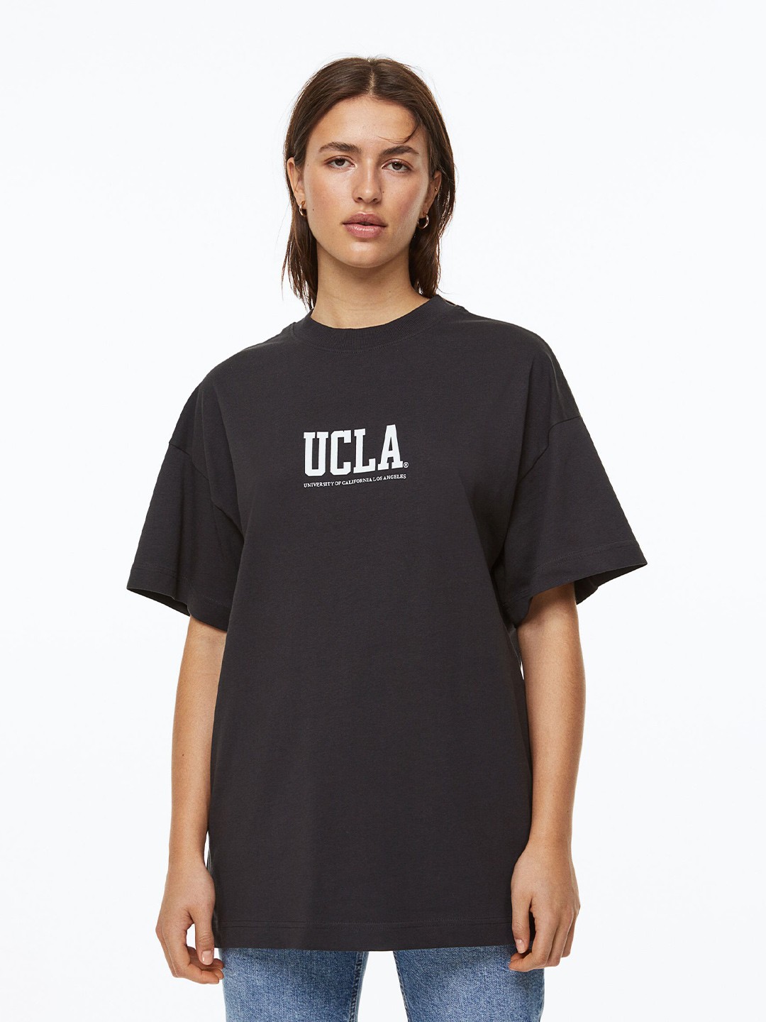 

H&M Women Pure Cotton Long Printed T-shirt, Black