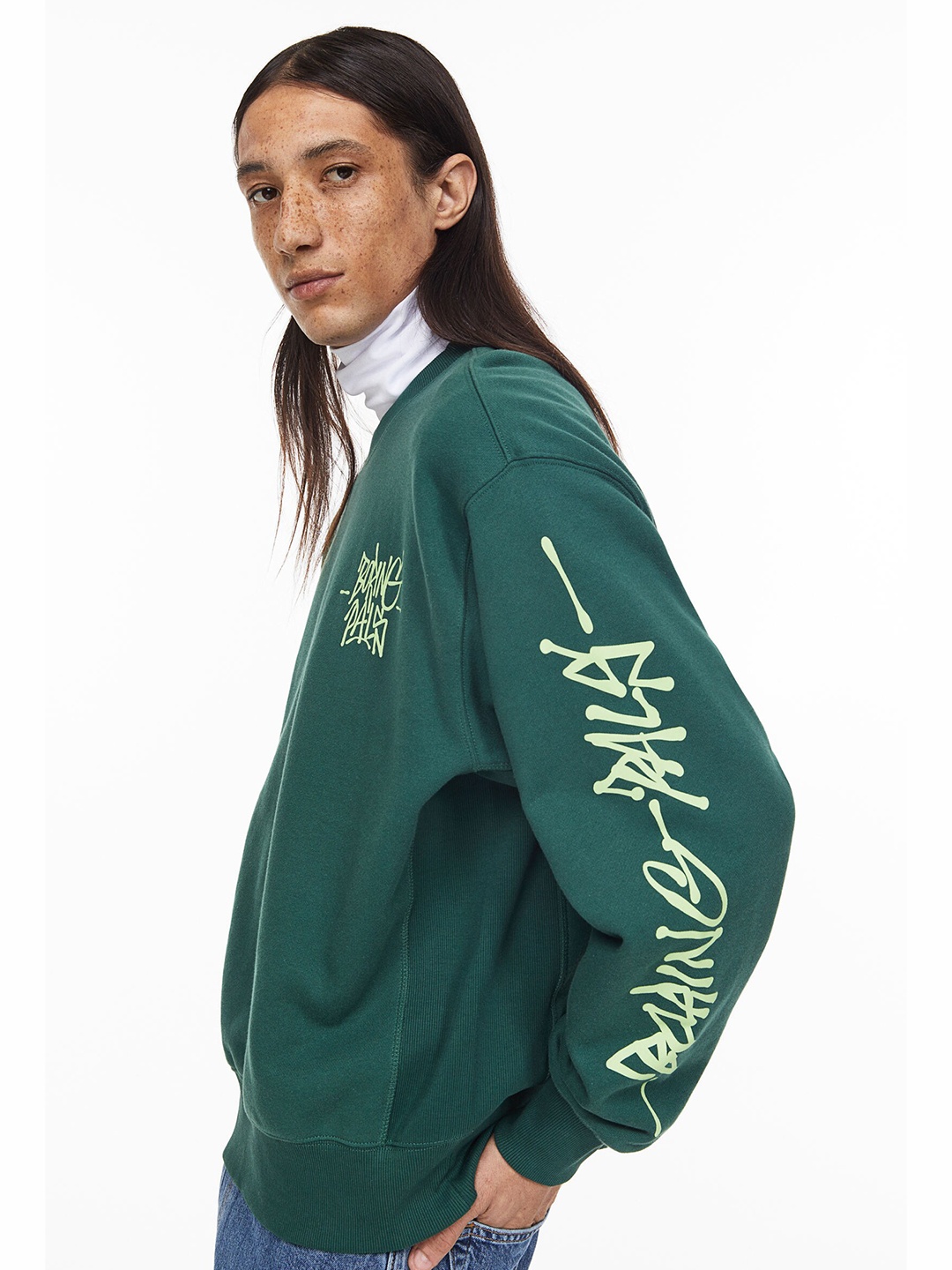 

H&M Men Oversized Fit Printed Pure Cotton Sweatshirt, Green