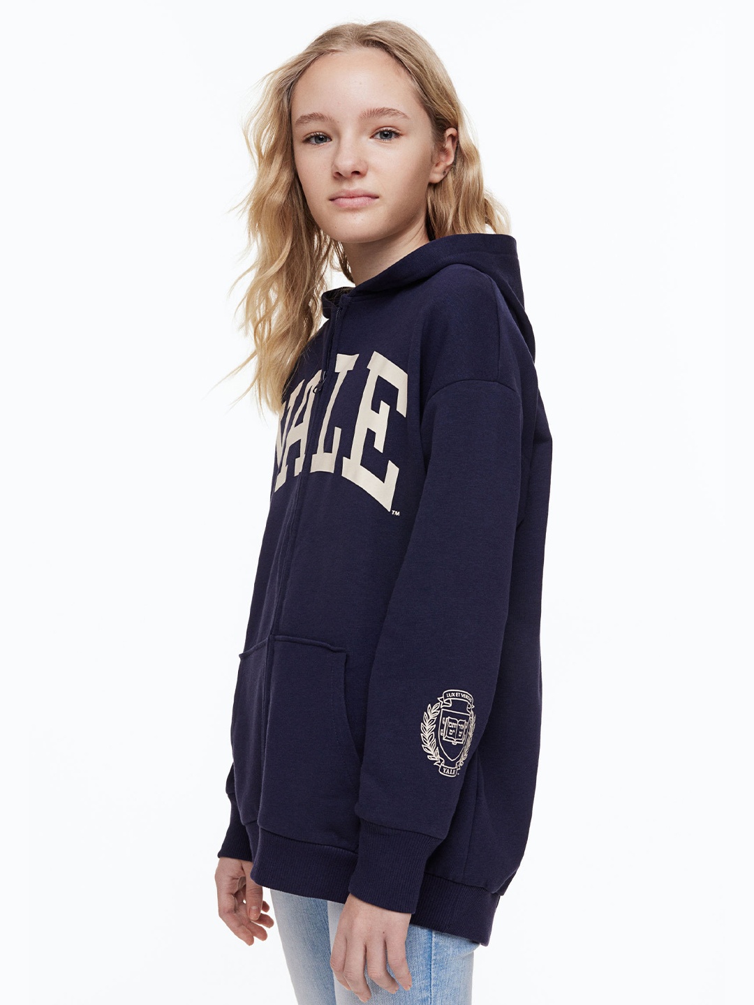 

H&M Girls Oversized printed Zip-Through Hooded Sweatshirt, Blue