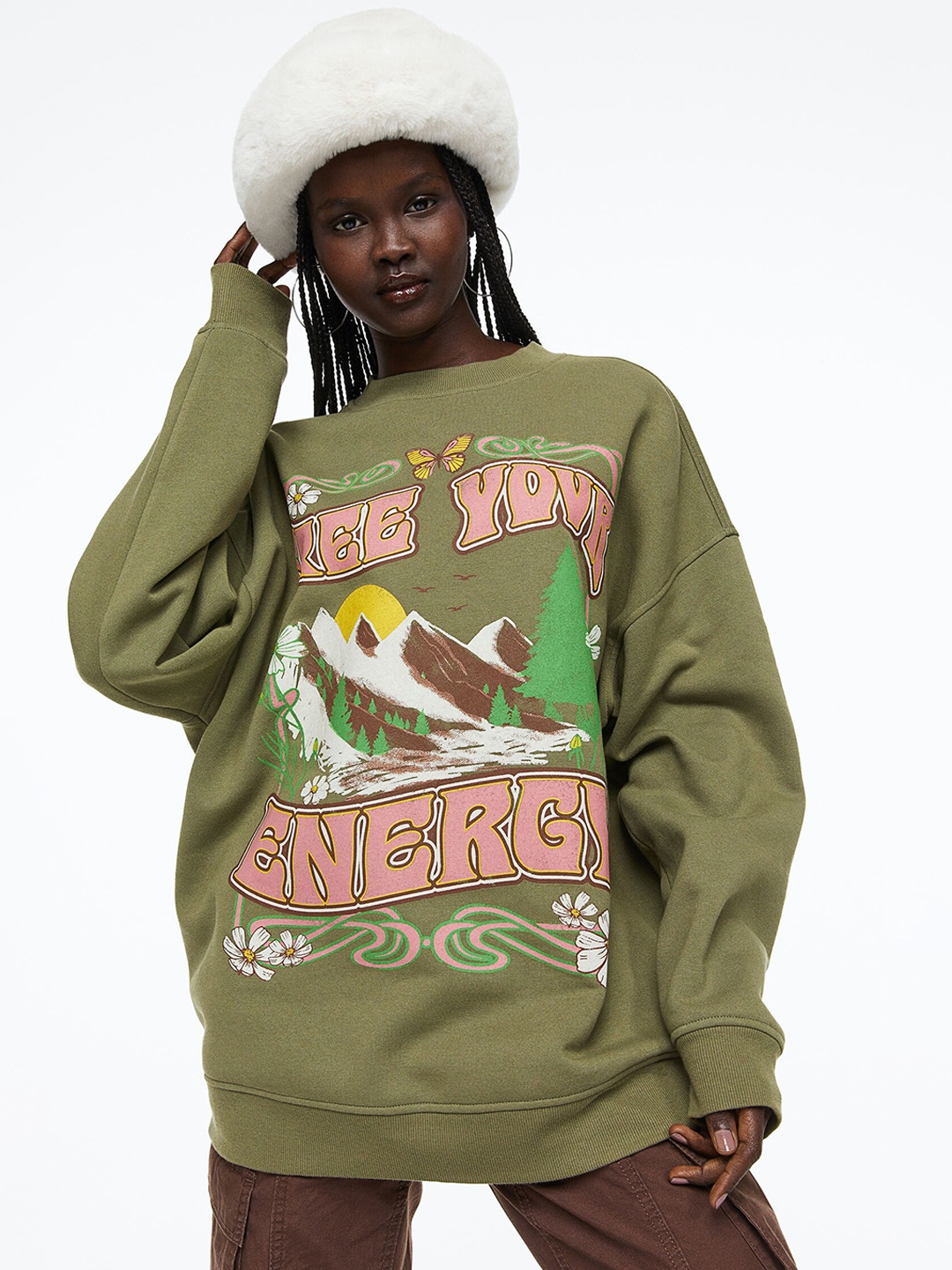 

H&M Women Oversized Printed Sweatshirt, Green