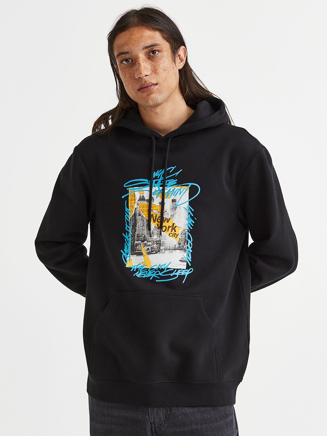 

H&M Men Printed Regular Fit Hoodie, Black