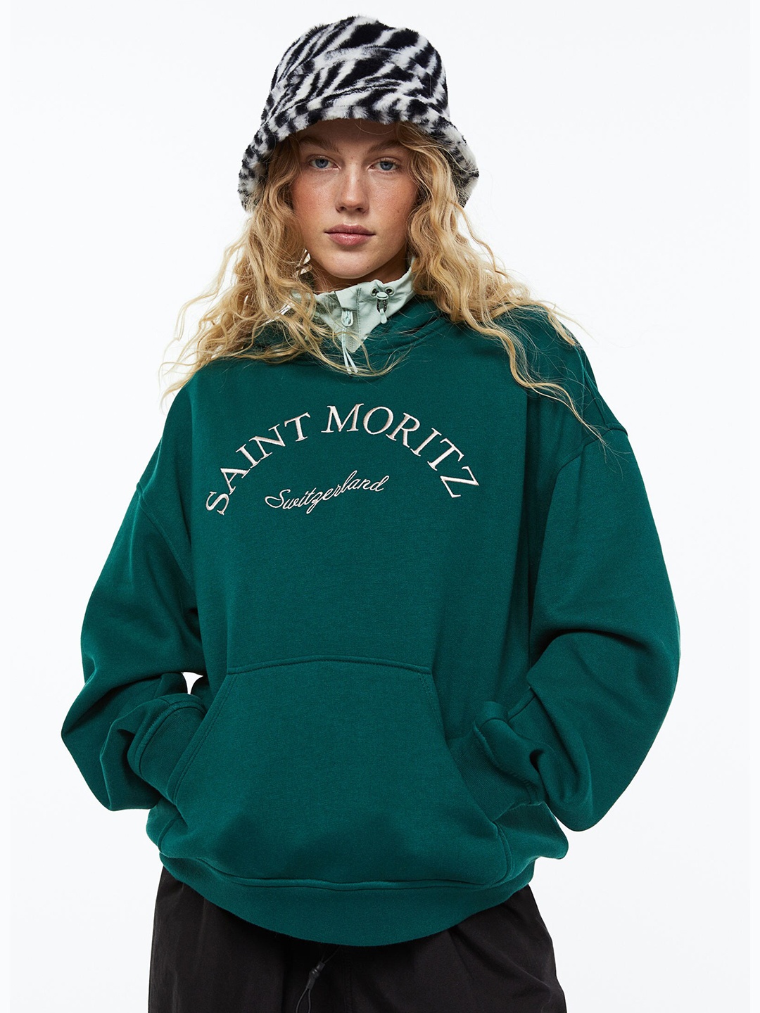 

H&M Women Oversized Printed Hoodie, Green