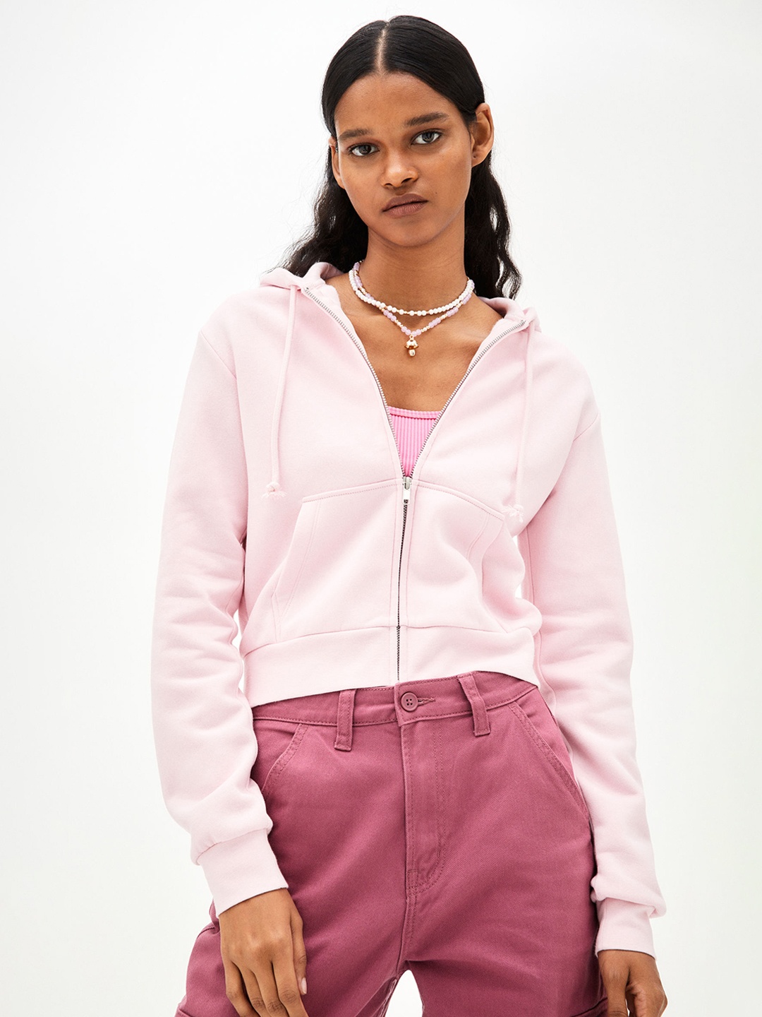 

H&M Women Cropped Zip-Through Hoodie, Pink